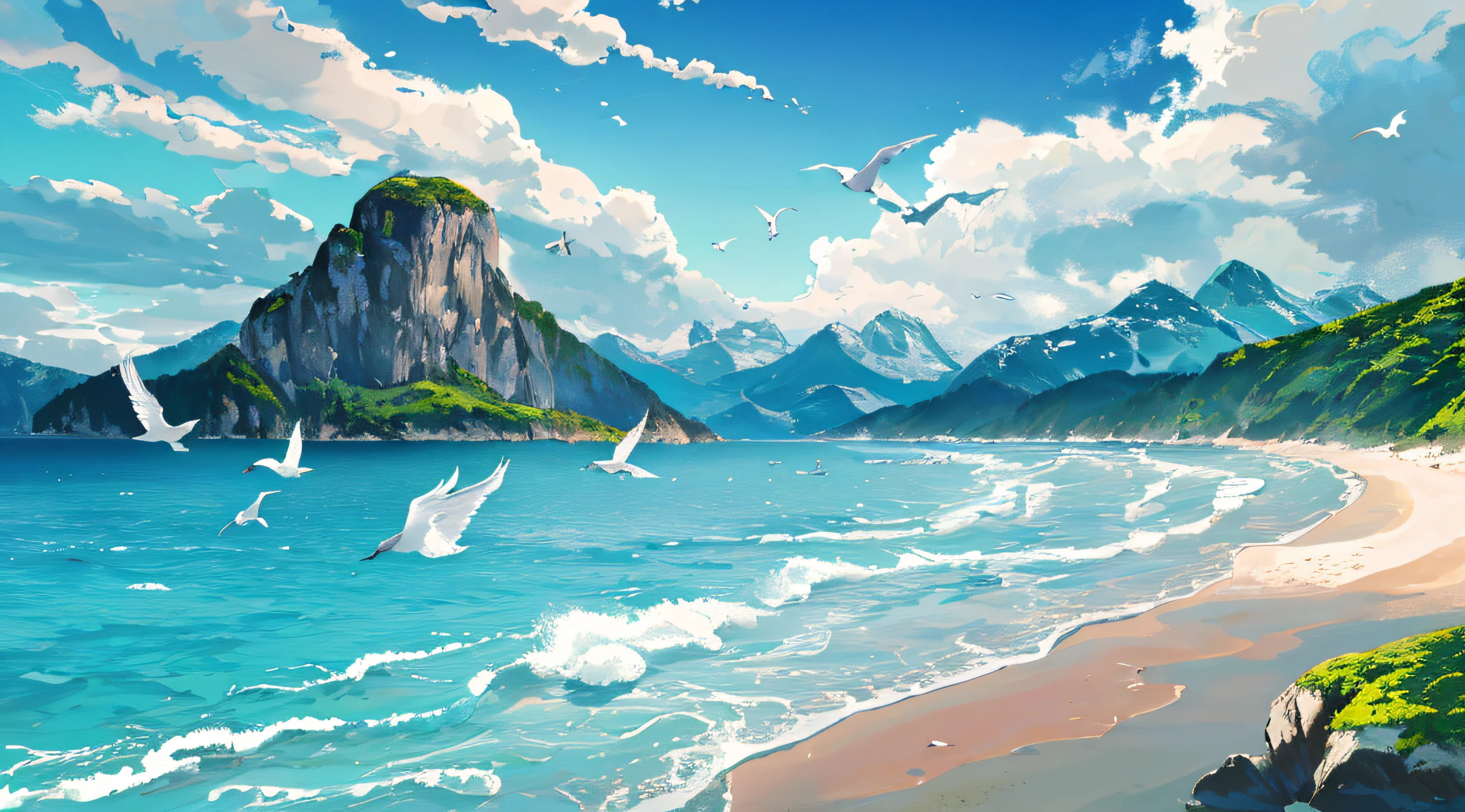 Painting of a beach with birds flying over the water - SeaArt AI