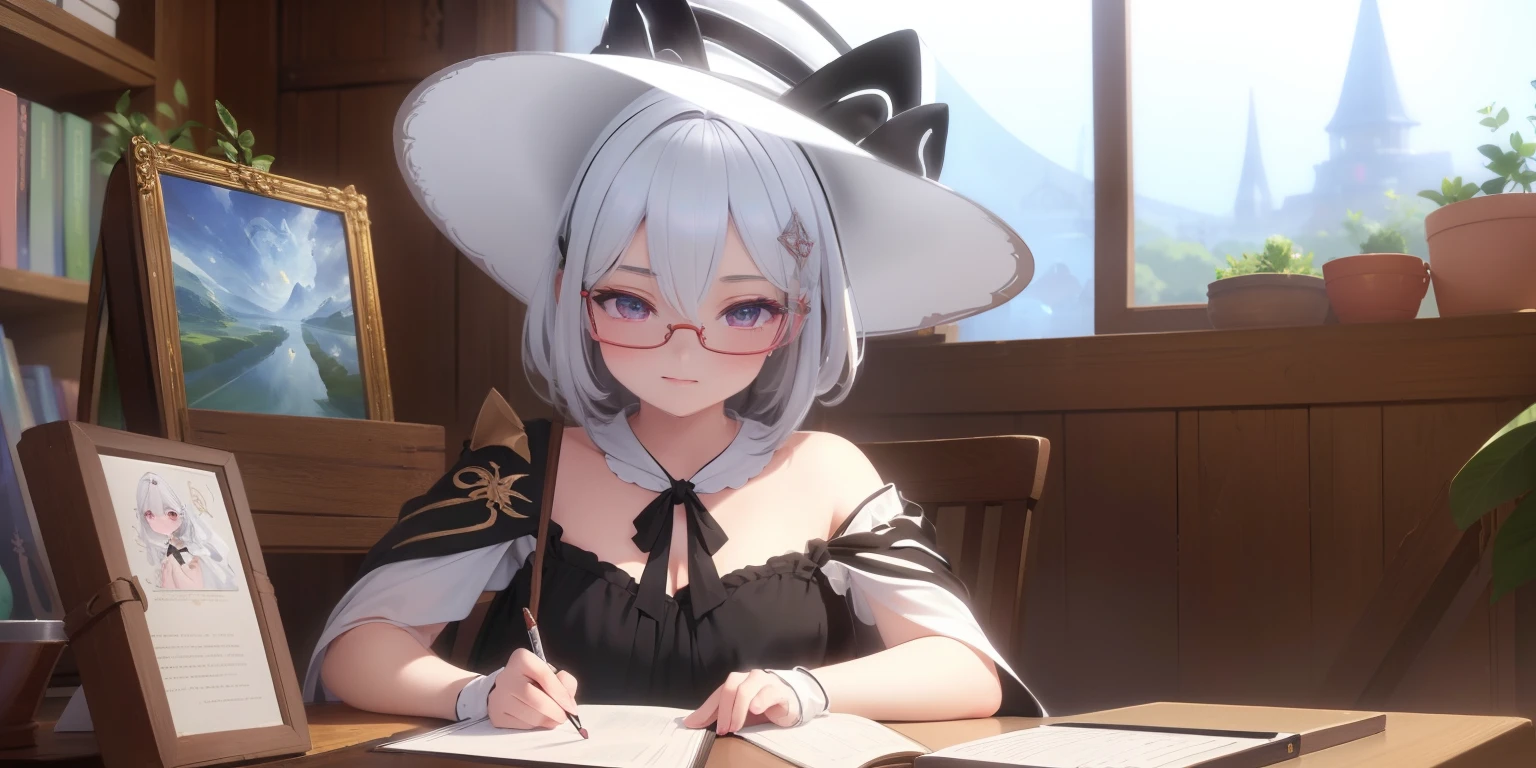 ((Best quality)), ((Masterpiece)), ((Ultra-detailed)), (illustration), (Detailed light), (An extremely delicate and beautiful),A charming young girl,magestic,Writing,White color hair,red pupils,wears glasses,Black magic hat,janelas,Halo