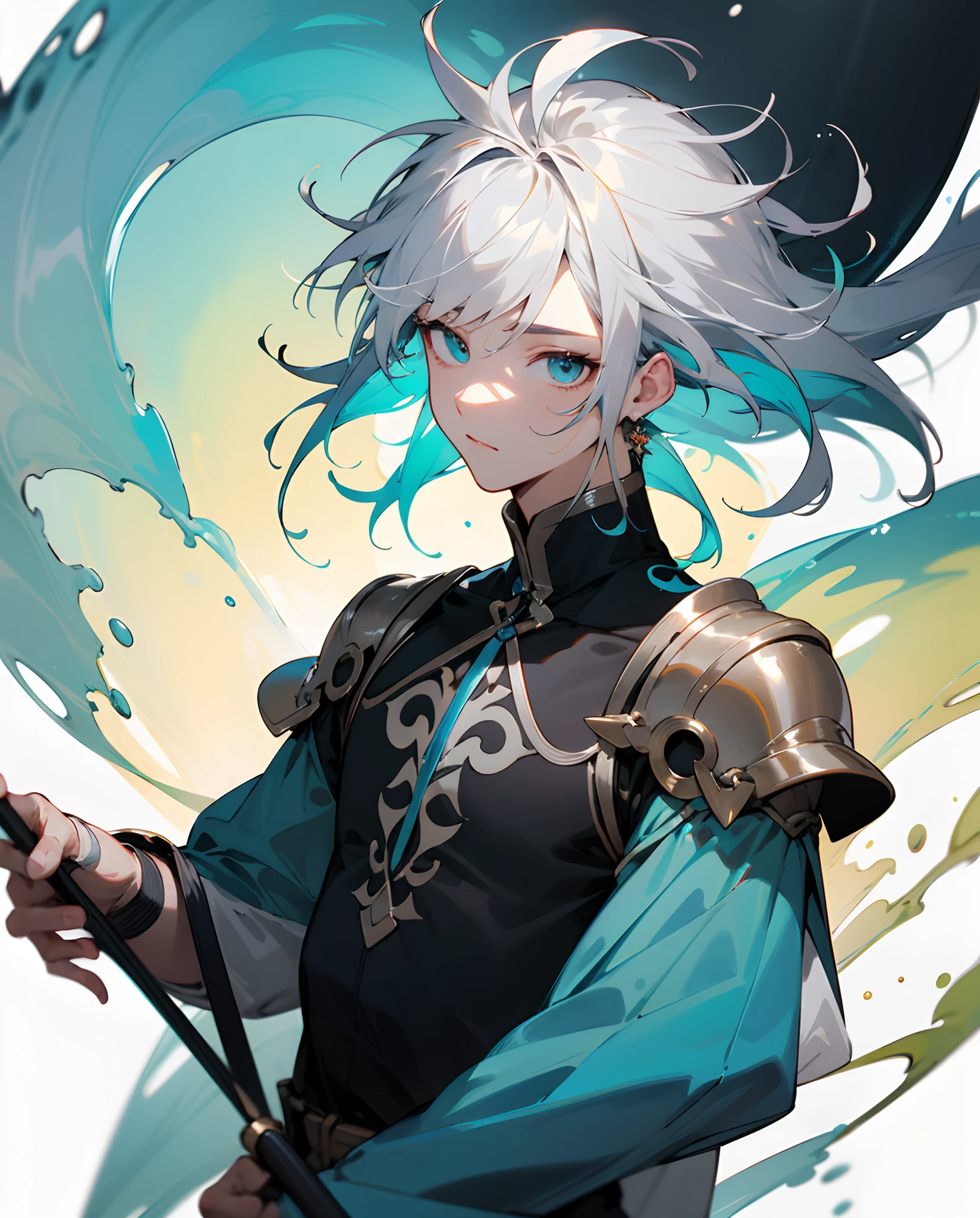 (Masterpiece for men : 1,8), 64k quality, Fantasy artwork concept, detailed manga eyes, detailed hairs, Detailed clothes, Detailed body, cleaner designs, detailed face pronounced, Shiny objects,Such as jewelry, see creases on clothes, more coherent clothing, more rounded eyes transparent liquid globular, more colors, more coherent clothing , correct the features of the clothes, better eyes contour, better shoulders,Hold your chin with your hand。White messy hair。 really colorful, thickline, Black line, finishing . (thickline) (Black line) (homogeneous rendering: 1.3)