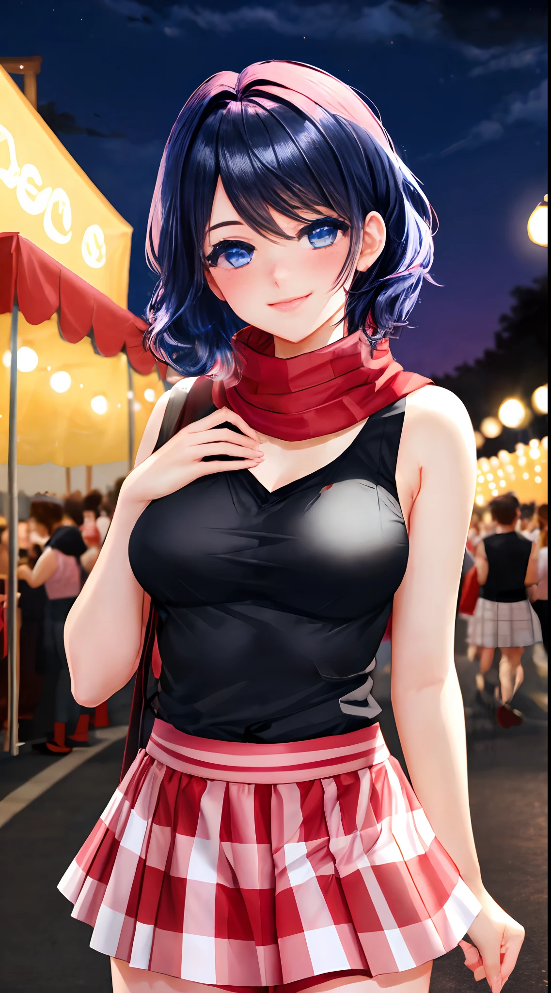 masterpiece, a black V-necked tank top, big chest covered by white undershirt, a pink skirt, red scarf, medium chest, in a festival, blushing, night time, ultra detailed eyes, detailed background, beautiful, cute, best quality, perfect, beautiful light, smile, dark blue hair, blue eyes, hair long