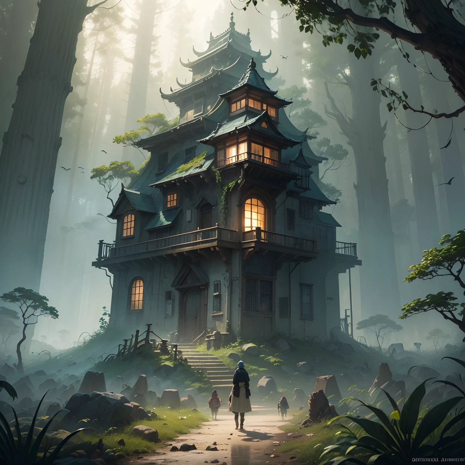 digital illustration, detailed and intricate, of dense forests filled with exotic flora and fauna., Sunlight shining through the roof creates a dull effect.. In the style of Yoshitaka Amano and Hayao Miyazaki, masterpiece, proportional, Detailed, trending on artstation, beautiful light, Realistic, intricate, Award Winning, 10, Highest quality award-winning, 4K digital painting in the style of Yoshitaka Amano. A detailed and complex depiction of zombie apocalypse., Expertly capture the chaos and drama of the scene.. Beautiful lighting and cinematic composition make this work a true masterpiece., trending on artstation