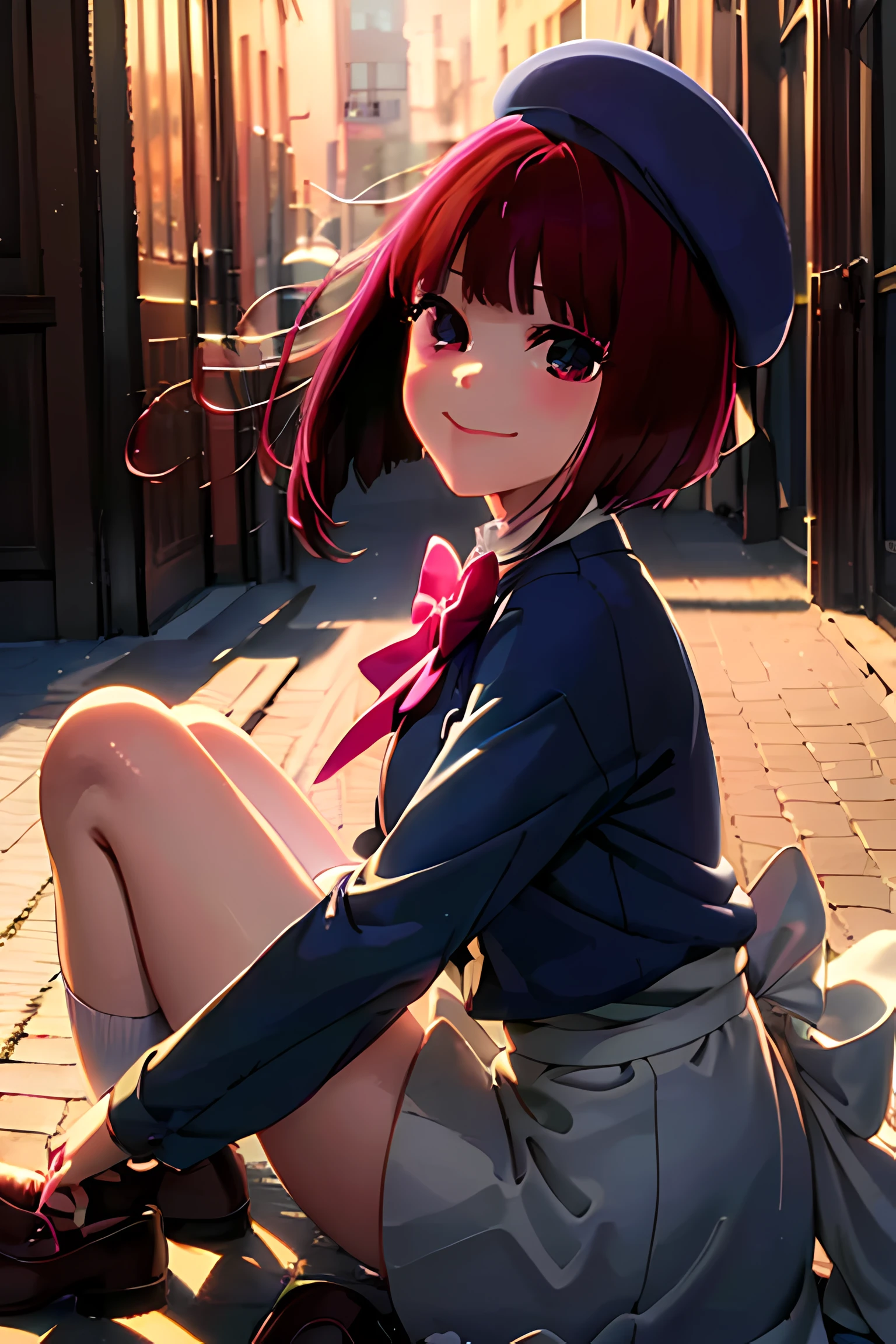 (best quality,4k,8k,highres,masterpiece,Arima Kana, looking at viewer, mouth open smiling, detailed background:1.2), smiling expression, blue beret, school background, hat, blue headwear, beret, blunt bangs, shirt, long_sleeves, school_uniform, pink bow, gray skirt, thighhighs, white legwear, loafers, brown footwear, ultra-detailed,beautiful detailed eyes,extremely detailed eyes and face,dynamic lighting,fierce colors,sharp focus,high contrast,soft shadows,HD rendering,exquisite details,ethereal beauty,colorful energy,creative composition