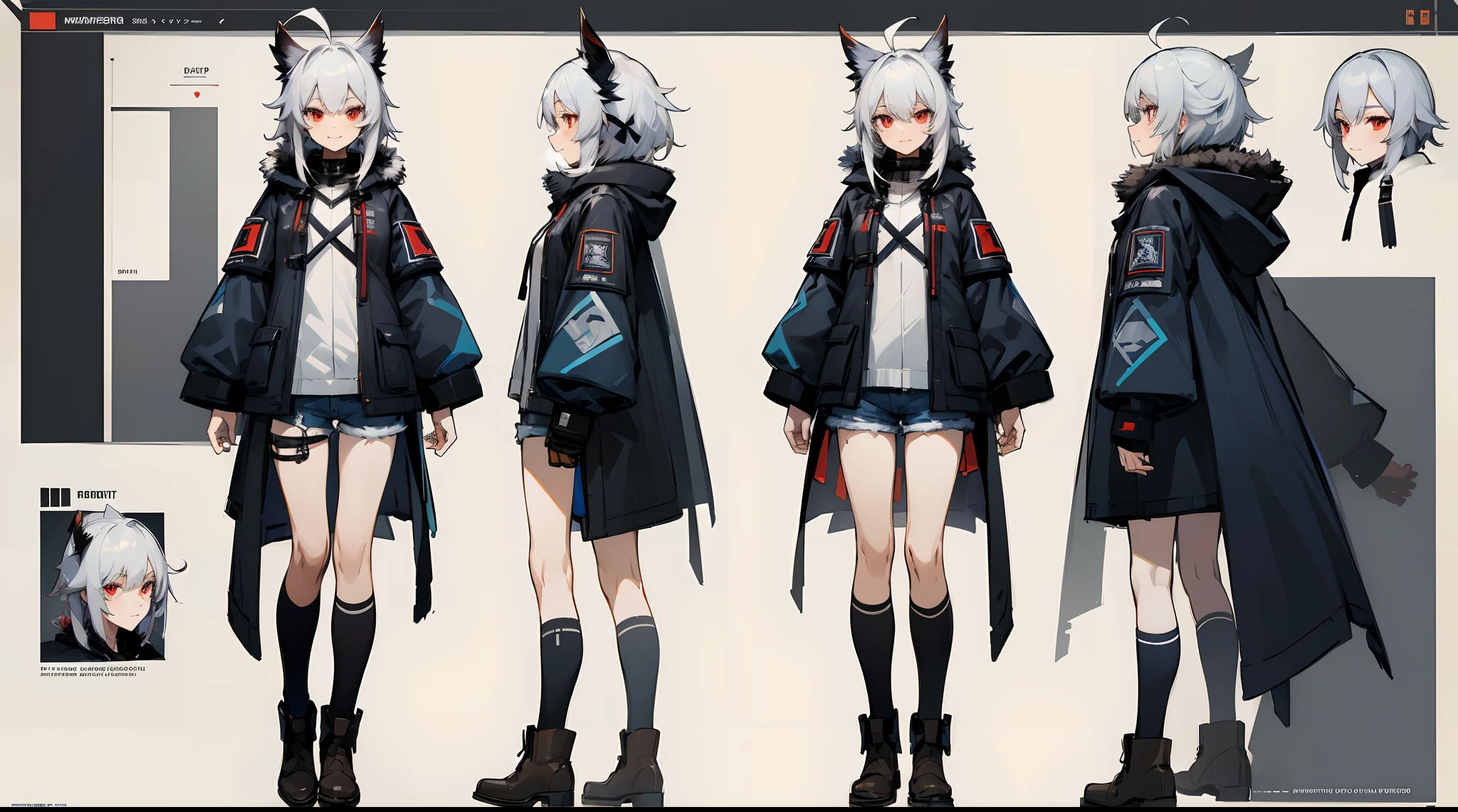 (CHARACTERSHEET:1) (MULTIPLE VIEWS FULL BODY UPPER BODY REFERENCE SHEET:1) Cute Girl, Anime Girl, Grey Hair, Wolf ears, Wolf Tail, Tactical outfit, Winter Jacket (CharacterSheet:1), (multiple views full body upper body reference sheet:1)