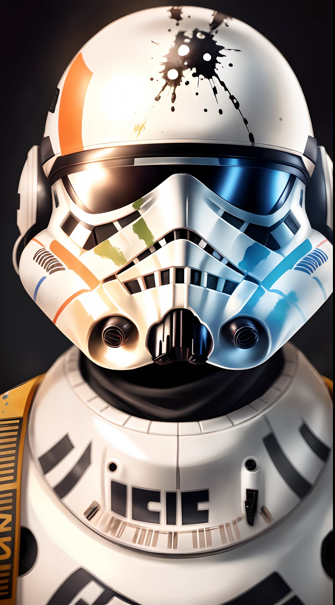 Storm Trooper helmet designed to look like a sugar skull, helmet facing the viewer, splattered paint in the background, 8K rich colors, hyper realistic, lifelike texture, dramatice lighting