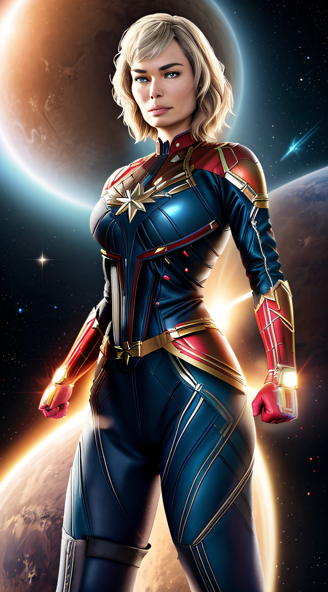 hyper real full-body photo of ((Lena Headey:1.4)), wears (Captain Marvel suit:1.2), in the space, planet Mars on background, beautiful, sexy, 1girl, blond, realistic proportions, realistic pupils, limited palette, highres, absurdres, cinematic lighting, 8k resolution, front lit, HDR, sunrise, RAW photo, Nikon 85mm, Award Winning, Glamour Photograph, extremely detailed, mind-bending