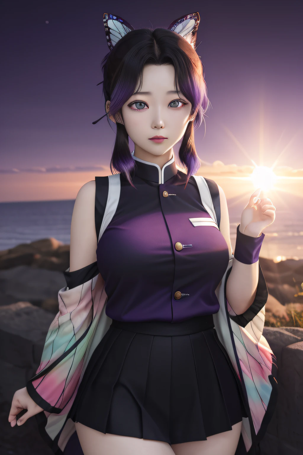 Kochou Shinobu, 1girl,masterpiece, multicolored hair,sleeveless, purple eyes, black jacket,black skirt,uniform, white haori, , multiple butterflies, , laked sunset, lens flare, perfect lighting, highest quality, hands behind, thick thighs, large breasts, cleavage,highest quality, high resolution. sensual low lighting, deep shadows