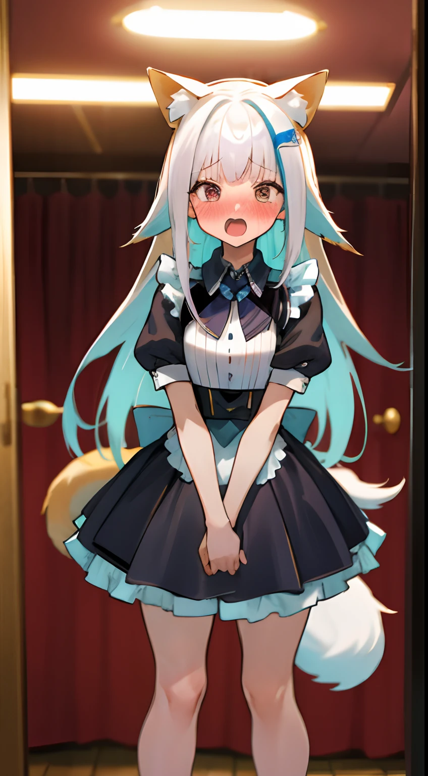 One girl with long hair, white hair, blue inner hair, looking at viewer, embarrassed, blushing, open mouth, indoor , cat girl, tight, maid dress, black maid dress, bed, sweating, slim, dizzy, large chest, wide hips, perfect waist, spread legs, thigh, night atmosphere, paw pose, standing, cat tail, (embarrassed:1.0)