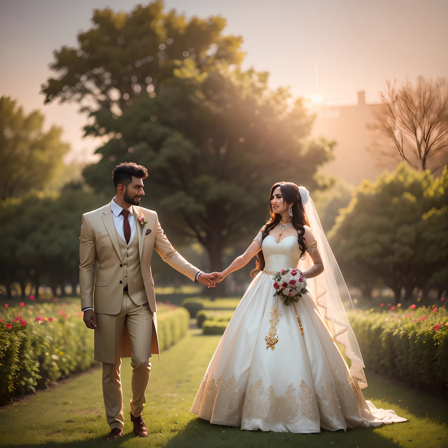 8k, ultra realistic, highly detailed, masterpiece, award winning picture, a couple, wedding portrait, indian style wedding,groom & bridal, standing,near , bonfire,wear wedding dress,sun set ,in marriage garden, tress,