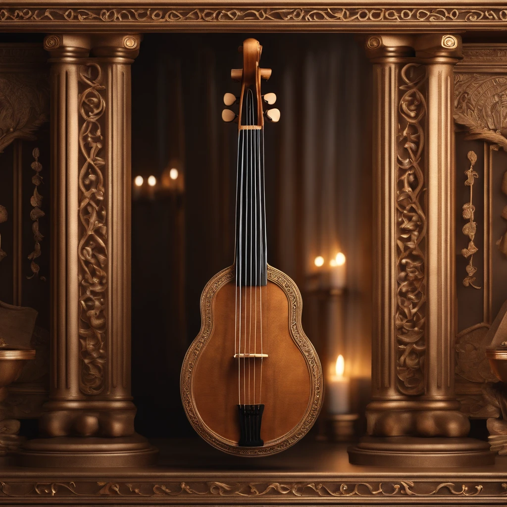 best quality,4k,8k,highres,masterpiece:1.2,ultra-detailed,realistic:1.37,ancient greek lyre,beautifully crafted,antique look,detailed wood carvings,shimmering strings,scrollwork design,aged bronze soundboard,delicate rosewood body,classic instrument,marble pedestal,elegant positioning,candle-lit ambience,soft golden lighting,evoke the spirit of ancient Greece,pure harmony and melody,vibrant sound vibrations,inspiring musician's touch,ethereal aura,subtle shadows,deep tonal resonance,embrace the beauty of antiquity,vintage aesthetic,serene atmosphere