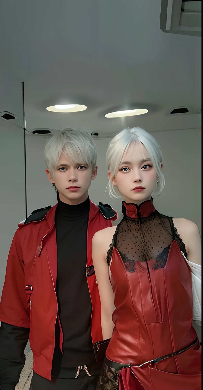 1 girl, 1 boy, red clothes, blue eyes, short hair, white hair, realistic, ultra detail, 70mm lens