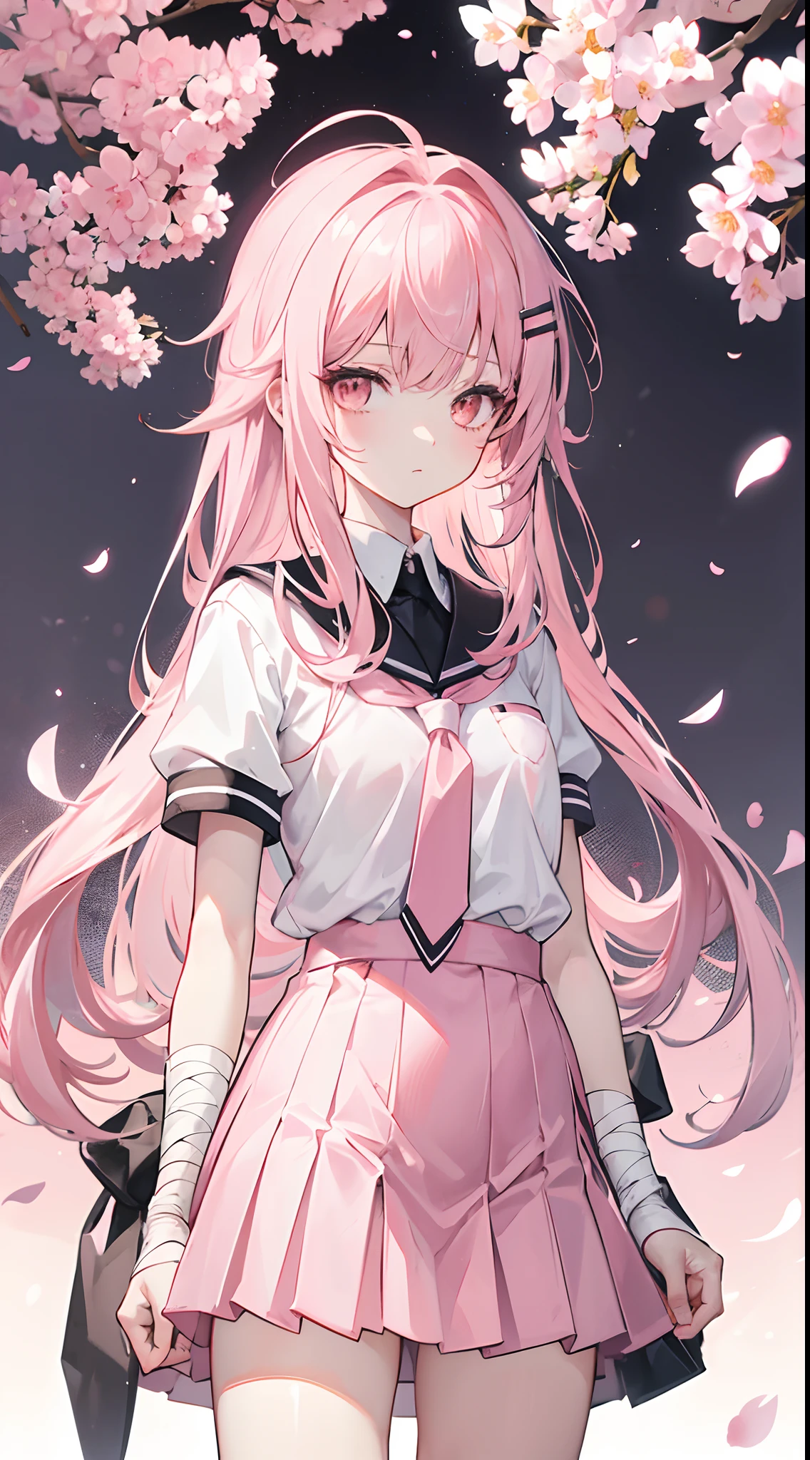 Two-dimensional anime wallpaper,Long pale pink hair,,Cherry blossom hair accessories,girl,White short-sleeved tie-style school uniform,The arm is wrapped in a bandage,Light gray miniskirt,Black panty,Bandages wrapped around his head,Medium build,The hair is somewhat messy,With a dull expression