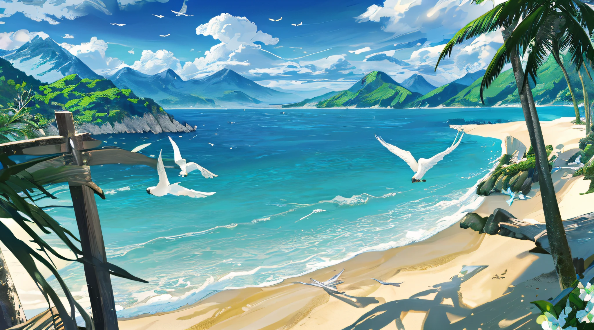 (best quality,4k,8k,highres,masterpiece:1.2),ultra-detailed),blue-sky,baiyun,Birds in the distance,the sea,Expansive picture,Faraway view,landscape,ocean waves,peaceful,tranquil,fresh air,serene atmosphere,soft sunlight,subtle breeze,sandy beach,seagulls flying,scenic beauty,endless horizon,vibrant colors,sky reflection on the sea surface,lush greenery,trees swaying,mountains in the background,splendid beauty of nature,harmony between land and sea,relaxing environment, full Background, no annoying character, get rid of the character, delete the character, kill the character, Background only, scenery only, extreme detail, close up, beach shores, not too far from camera, close to camera, close to camera beach shores, super close up, extremely super close up beach shores to camera,
