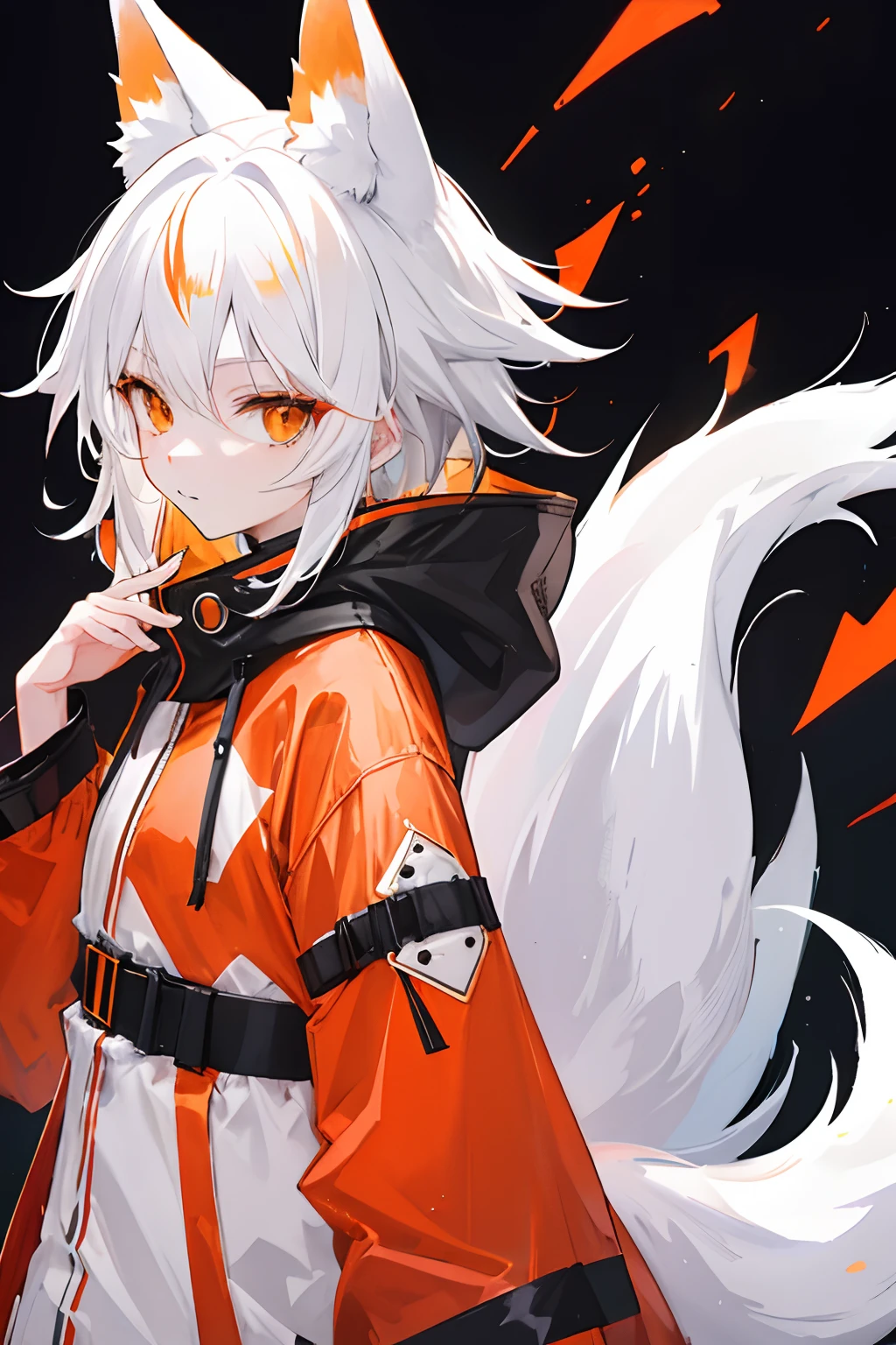 white  hair、Orange Eyes、Fox ear hood、ember、parka、tail