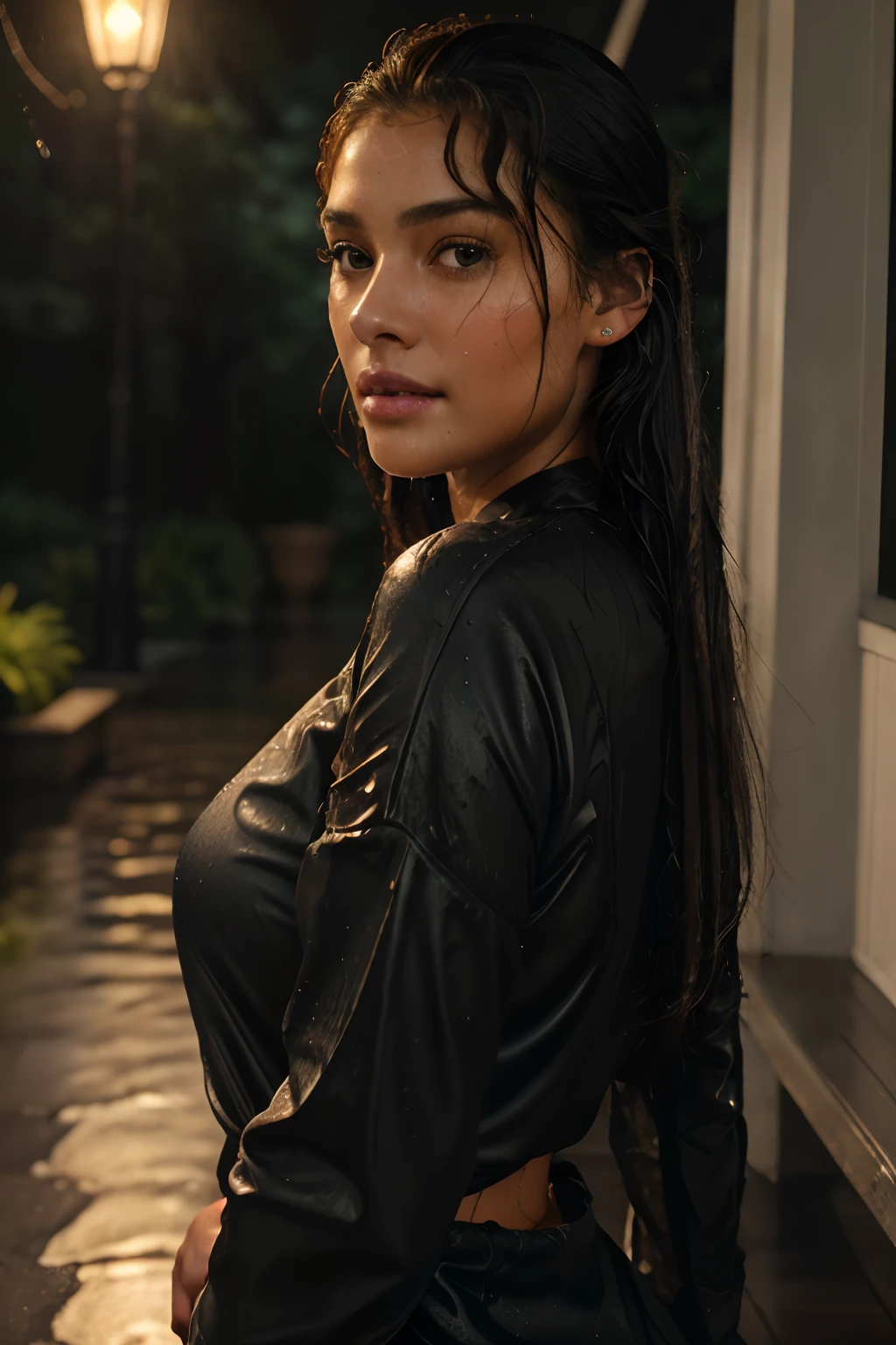 woman stands outside in the rain, shimmering olive skin, (full frame, she's soaking wet from pouring rain, standing outside next to porchlight)), most beautiful woman on earth, (her hair is dripping wet, she glistens with porch light glow, sopping, her skin drenched, radiant skin) , long wet hair, slicked back dripping, (her black tshirt tuck from damp), a stunning female , long hair, Her skin is wet and radiant, (her full body in rain, she smiles, caught in rain, outside, wanting inside, (relaxed , happy and refreshed)),sweatpants, dark tshirt soaked, fabric, (outside thousands of rain drops backlit), (highest quality fabric texture), lush wet drapery with accent highlights, film quality, rain drops in air, splashing, (ultra-realistic , she's in rainy darkness ,soft accent porch light, gorgeous Rembrandt style lighting, (Rembrandt patch)), (highest quality wet fabric texture), matte gray fabrics, Her wet slicked back hair, ultra-realistic, adorned with long, fluttering lashes, the color of sunset, a world of passion. Finely detailed,(Fine-grained), (highest detail skin texture peach-fuzz earlobe realistic, water droplets) ○○ res – ultra high high resolution , very high texture res(light water resolution), Photorealistic hands and fingers – (photorealistic beautiful 4k) , 8K,extreme detail, close and intimate, she looks to camera, teasing, Her perfectly sculpted lips, lifelike, highly real natural lips. she is Cezanne, Vermeer, a work of art, enticing. indulge in the exploration of desire.solo woman, (highest quality fabric texture), dark hair, every detail,Fine facial features, Masterpiece – Masterpiece ○○ quality – ○○ quality best quality(Highest Quality) ,Leica film, High quality ○○ detailed – ○○ details ultra detailed(Ultra-fine ), Photorealistic, Extremely detailed(Extremely detailed) , Finely detailed(Fine-grained), (highest detail skin texture peachfuzz earlobe realistic)　etc ○○ res – ○○ resolution ultra high res(A high resolution) , very high texture