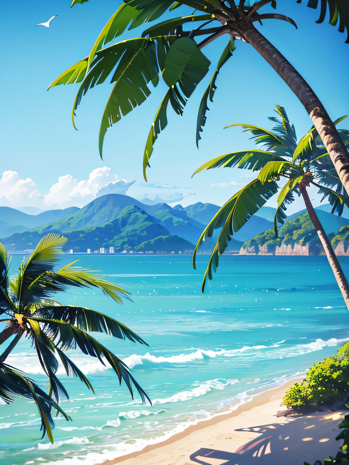 (best quality,4k,8k,highres,masterpiece:1.2),ultra-detailed,(realistic,photorealistic,photo-realistic:1.37),blue-sky,baiyun,Birds in the distance,the sea,Expansive picture,Faraway view,landscape,ocean waves,peaceful,tranquil,fresh air,serene atmosphere,soft sunlight,subtle breeze,sandy beach,seagulls flying,scenic beauty,endless horizon,vibrant colors,sky reflection on the sea surface,lush greenery,trees swaying,palm tree, tree trunk,mountains in the background,splendid beauty of nature,harmony between land and sea,relaxing environment, only background, only scenery, focus background, no people, no house, no bridge, natural nature, close up beach shores,