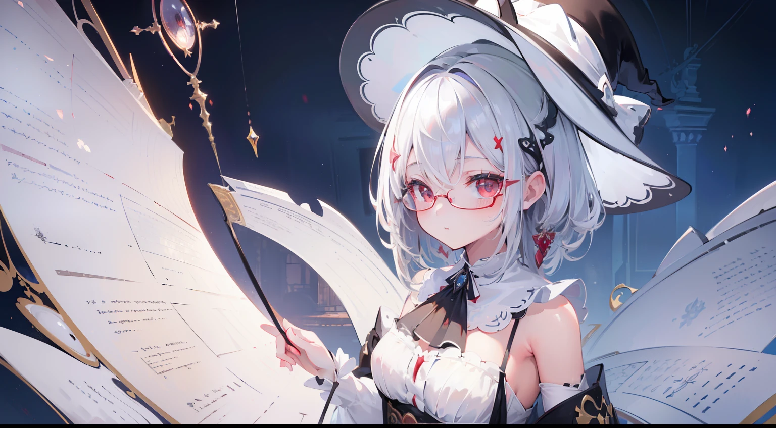 ((Best quality)), ((Masterpiece)), ((Ultra-detailed)), (illustration), (Detailed light), (An extremely delicate and beautiful),A charming young girl,magestic,Writing,White color hair,red pupils,wears glasses,Black magic hat