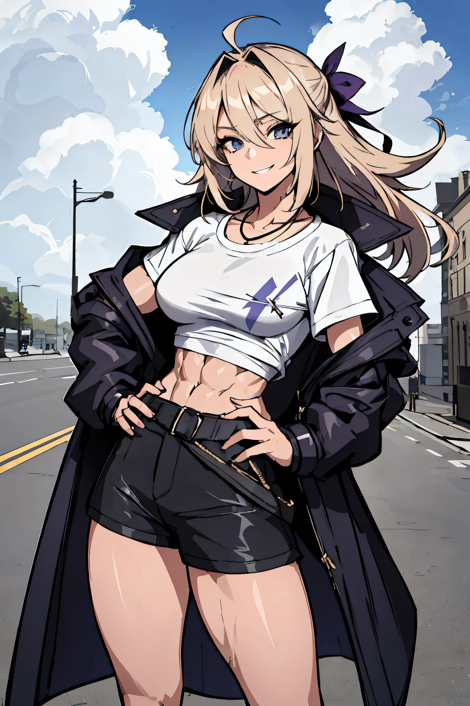 (absurdres, 8k, 4k, masterpiece, hyper extreme detailed:1.2), solo, 1girl, front view, perfect face, 1girl, portrait, expressive eyes, looking at viewer, solo, standing, Female, toned body, mature female, large breasts, pale, platinum blonde hair, dark blue eyes, swept bangs, athletic body, warrior, battle, wind, windy hair, moving hair, moving clothes, Shorts army, battle worn, scars, hand to hip, medals, necklace, purple ribbon, messy hair, smile, happy, heroic, hand on hip, perfect anatomy, messy hair, wild hair, big bust, friendly, heroism, justice, hope, blue sky, sun, platinum blonde hair, facial scars, streetwear, jacket, graphic t-shirt, medium length hair, streetwear, swept bangs, muscular, toned body, abs, side bangs, hair covering forehead, covered forehead, hair covering one eye, right bangs, wearing oversized_jacket, graphic t-shirt, blonde hair,