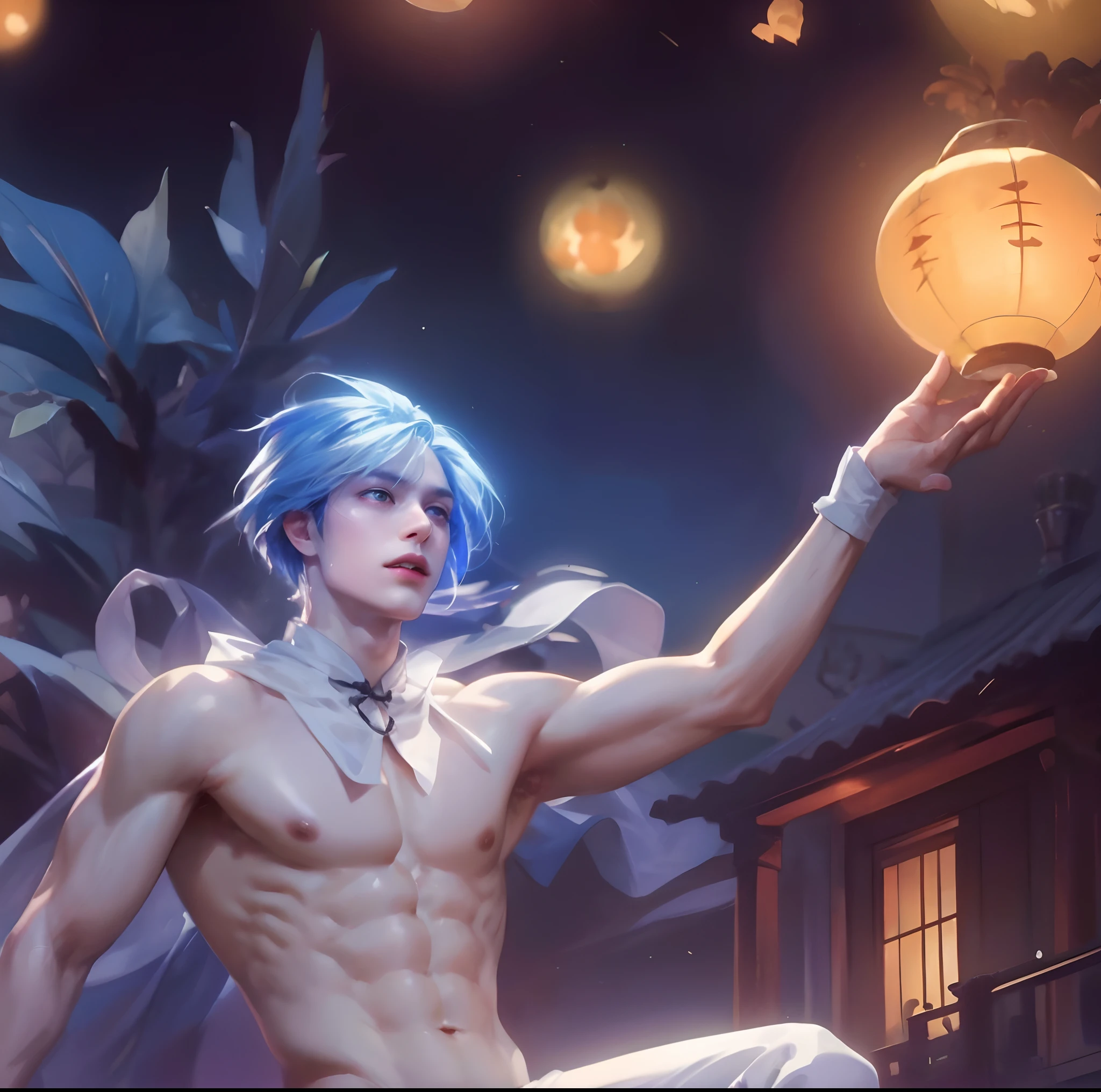 (max resolution: 1.2), (Ultra HDTV: 1.2), 8K resolution, Eye and skin details, face details, , (Sharp focus: 1.2), (Precise focus) face sharp face: 1.2), 1 Sitting boy, (Short hair), White hair, Shirtless, Exposed chest muscles, Six-pack abs, transparent white briefs, Flower lantern, Mid-Autumn Festival, calendar outfit Chinese white hair, (white hair), Starry sky, Full moon, Flying lanterns in the sky, Flying lanterns, Glowing lights