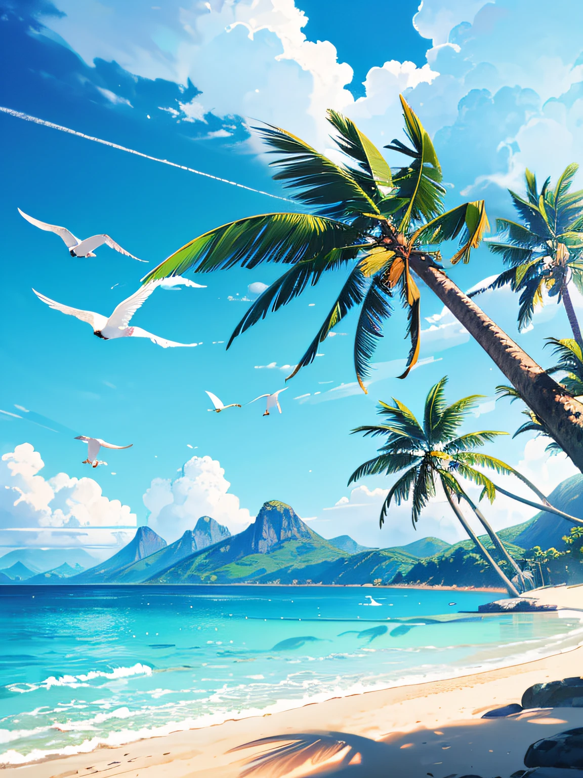 (best quality,4k,8k,highres,masterpiece:1.2),ultra-detailed,(realistic,photorealistic,photo-realistic:1.37),blue-sky,baiyun,Birds in the distance,the sea,Expansive picture,Faraway view,landscape,ocean waves,peaceful,tranquil,fresh air,serene atmosphere,soft sunlight,subtle breeze,sandy beach,seagulls flying,scenic beauty,endless horizon,vibrant colors,sky reflection on the sea surface,lush greenery,trees swaying,palm tree, tree trunk,mountains in the background,splendid beauty of nature,harmony between land and sea,relaxing environment, only background, only scenery,