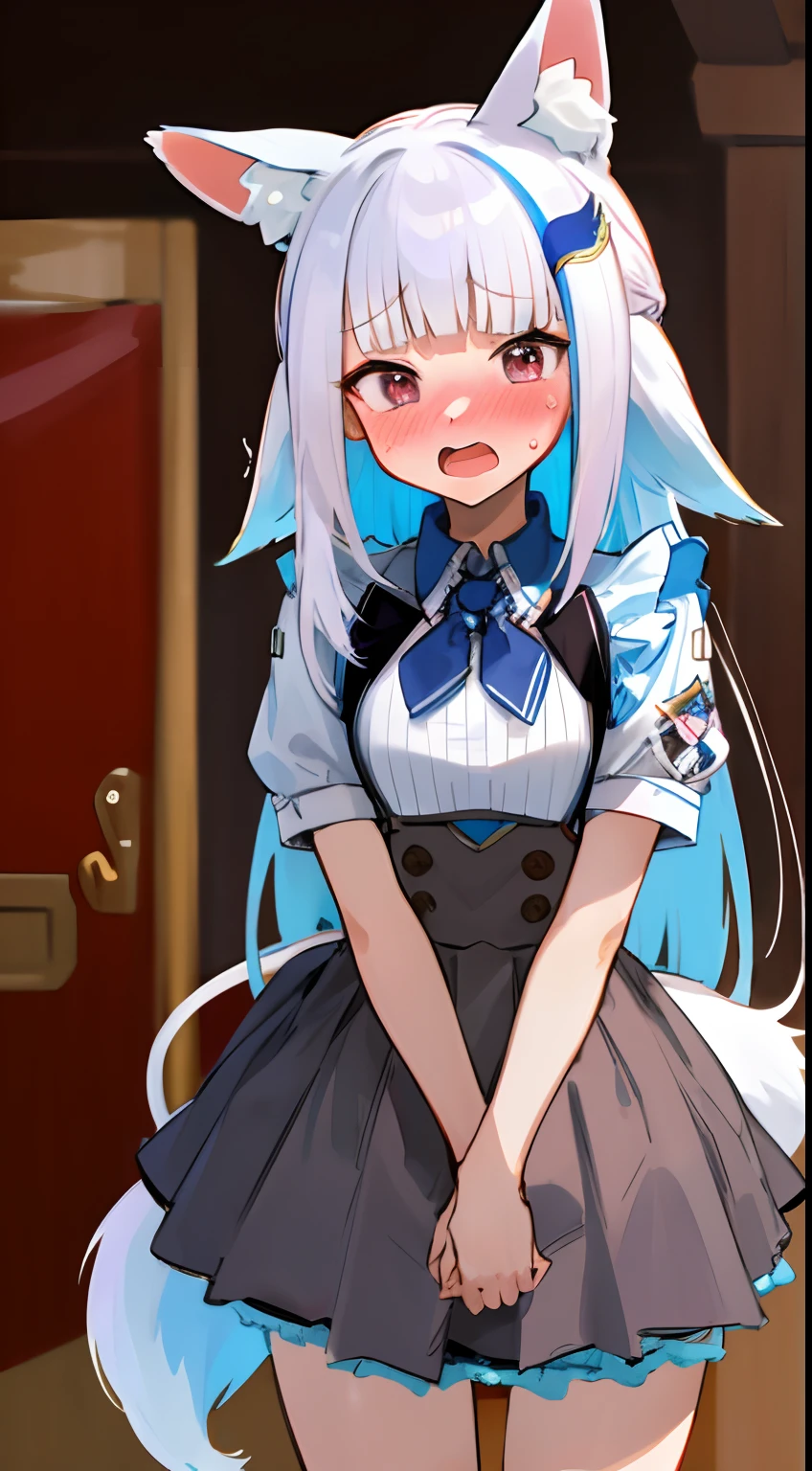 1girl,long hair,blue hair,purple eyes,twintails,vibrator in thights,black tights,tight t-shirt,collar,leash,embarrasment,looking away,blush,at the school empty corridor