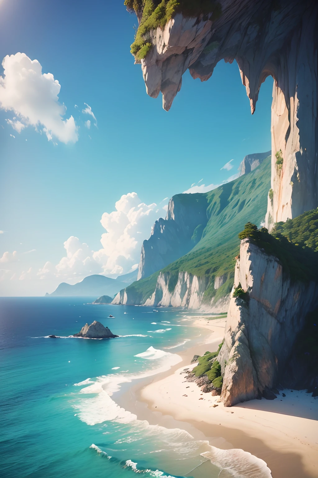 ((Best Quality, 8K, Masterpiece: 1.3)), Clear sea background surrounded by towering cliffs and lush vegetation