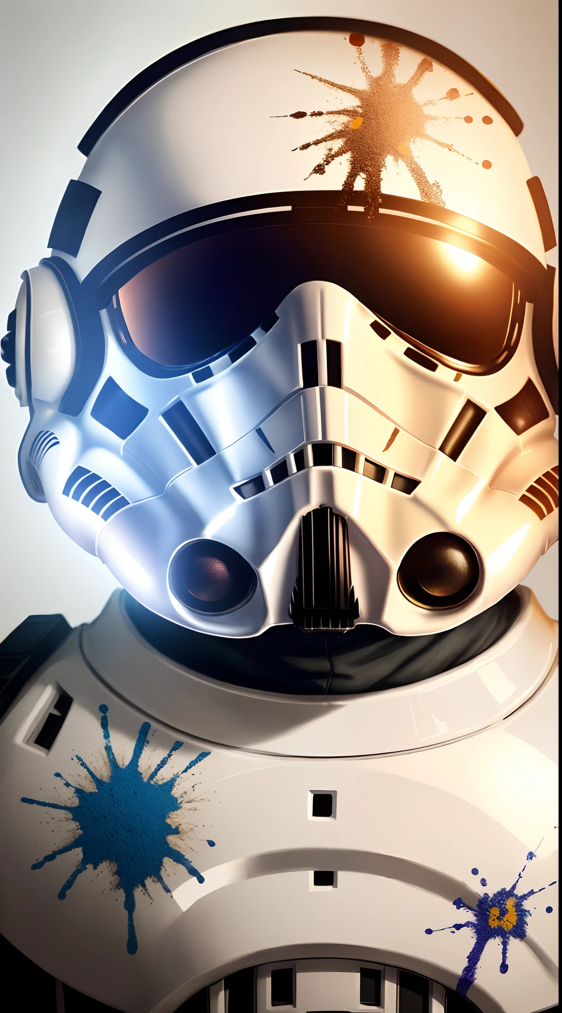 Storm Trooper helmet designed to look like a sugar skull, helmet facing the viewer, splattered paint in the background, 8K rich colors, hyper realistic, lifelike texture, dramatice lighting