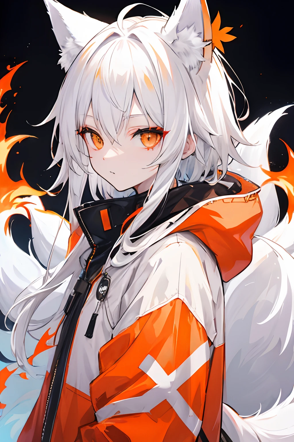 white hair、Orange Eyes、Fox ear hood、ember、parka、tail