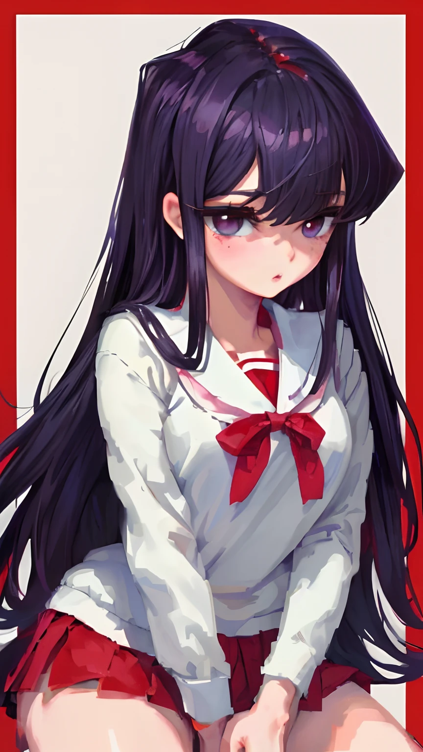 komi shouko,pixal style ,(A white border around a dark red rectangular background：2.5)​，full bodyesbian，High detail,Moles under eyes, Heart-shaped pupils，Love pupils，Fleshy thighs,highly rendered，detailed face with