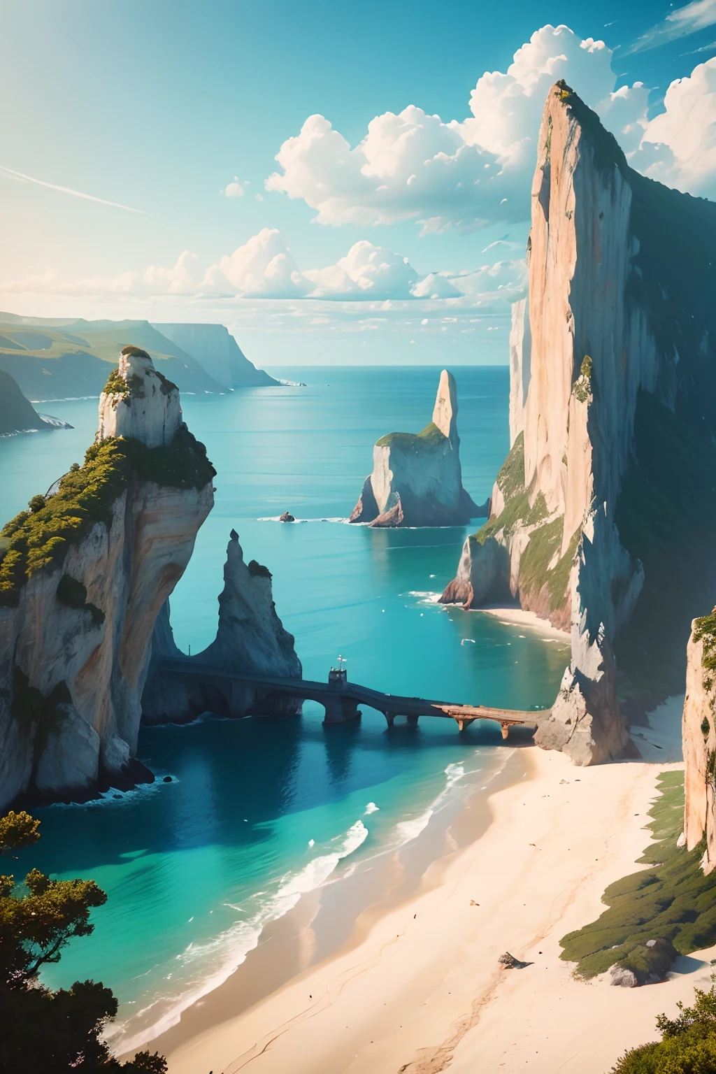((Best Quality, 8K, Masterpiece: 1.3)), Clear sea background surrounded by towering cliffs and lush vegetation