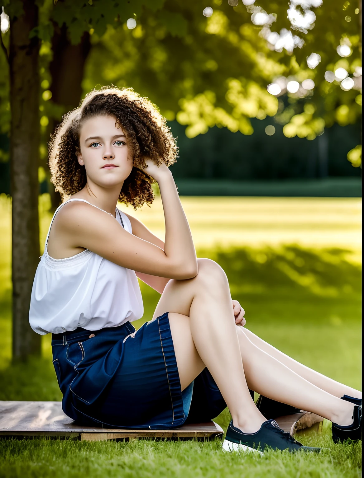 Adolescent, fille noire, Curly, 16 ans, outdoor, Yeux verts, sitting down, mignon, photographie, photo, real, Realstic, gros seins, boucle d'oreille, robe, 夏天 , skateparc