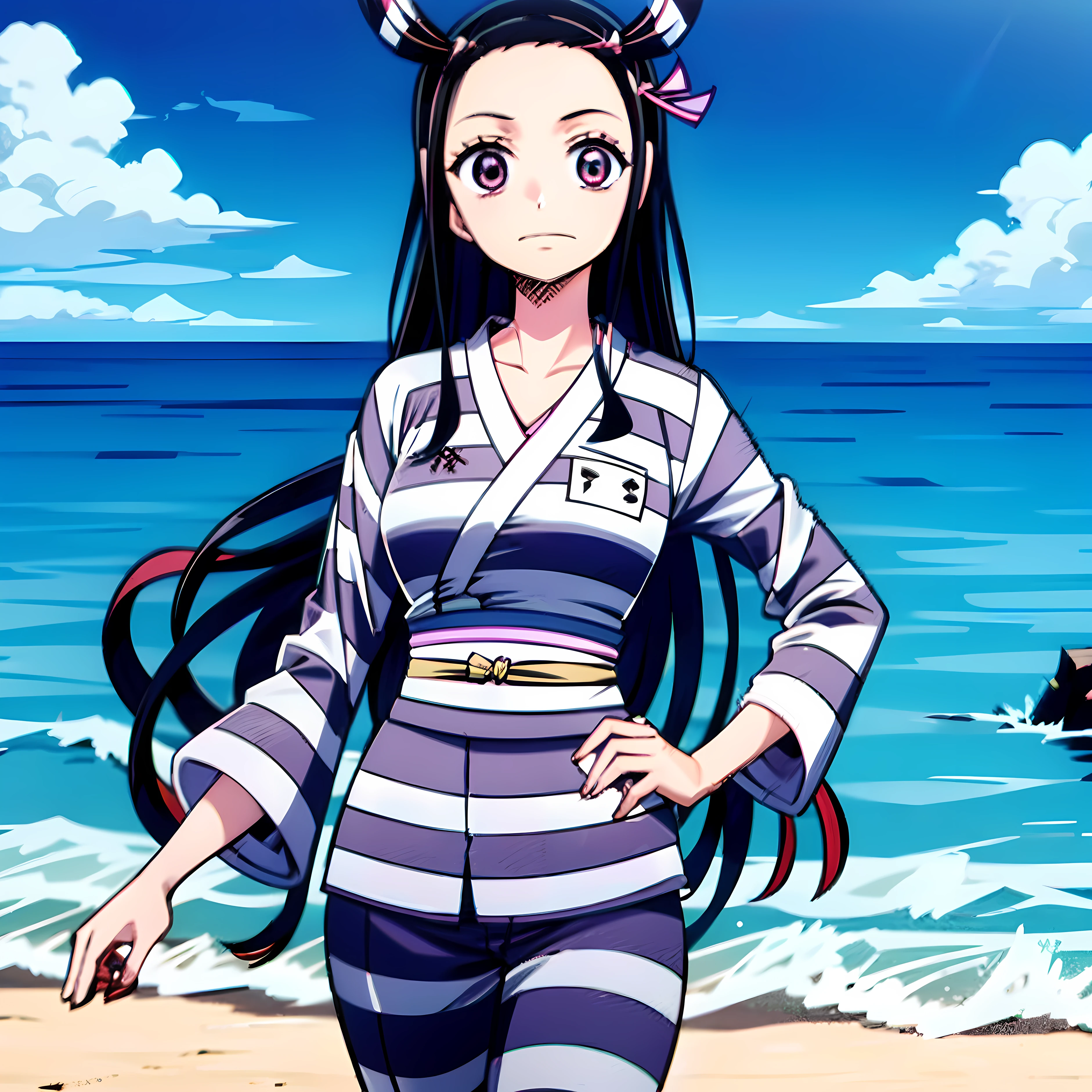 1girl, (shapely body), (solo), 30 years old, hdr, beach, Nezuko Kamado, priclothes, striped clothes, prisoner, clothes, clothing, outfit, pants, long sleeves,