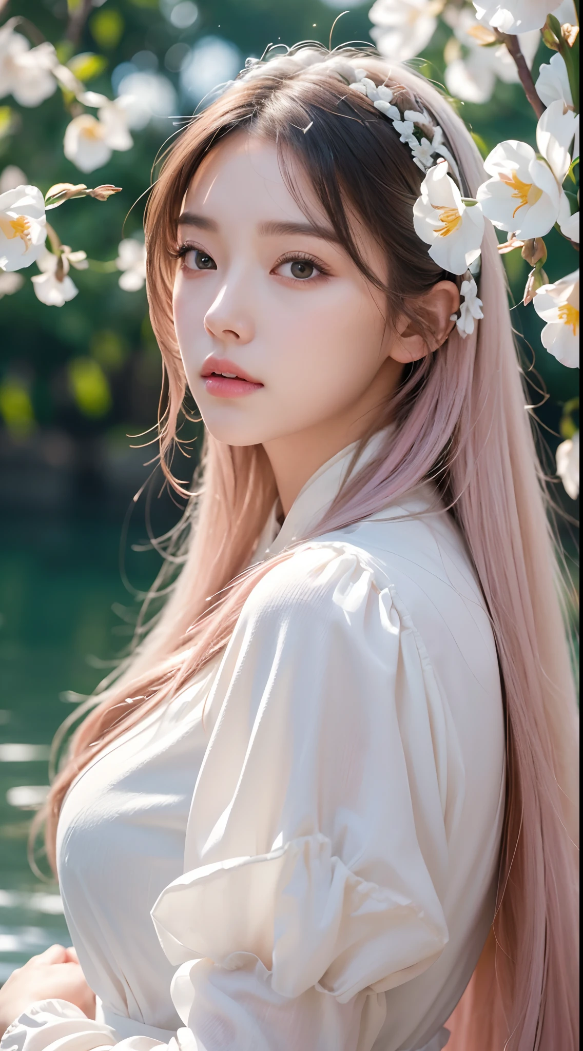 (Best quality,4K,8K,A high resolution,Masterpiece:1.2),Ultra-detailed,(Realistic,Photorealistic,photo-realistic:1.37),Portrait,woman,Long flowing hair,Off-white iris,Empty gaze,Pink lips,White flowers on the ends of the hair,Graceful figure，中景 the scene is，black-clad