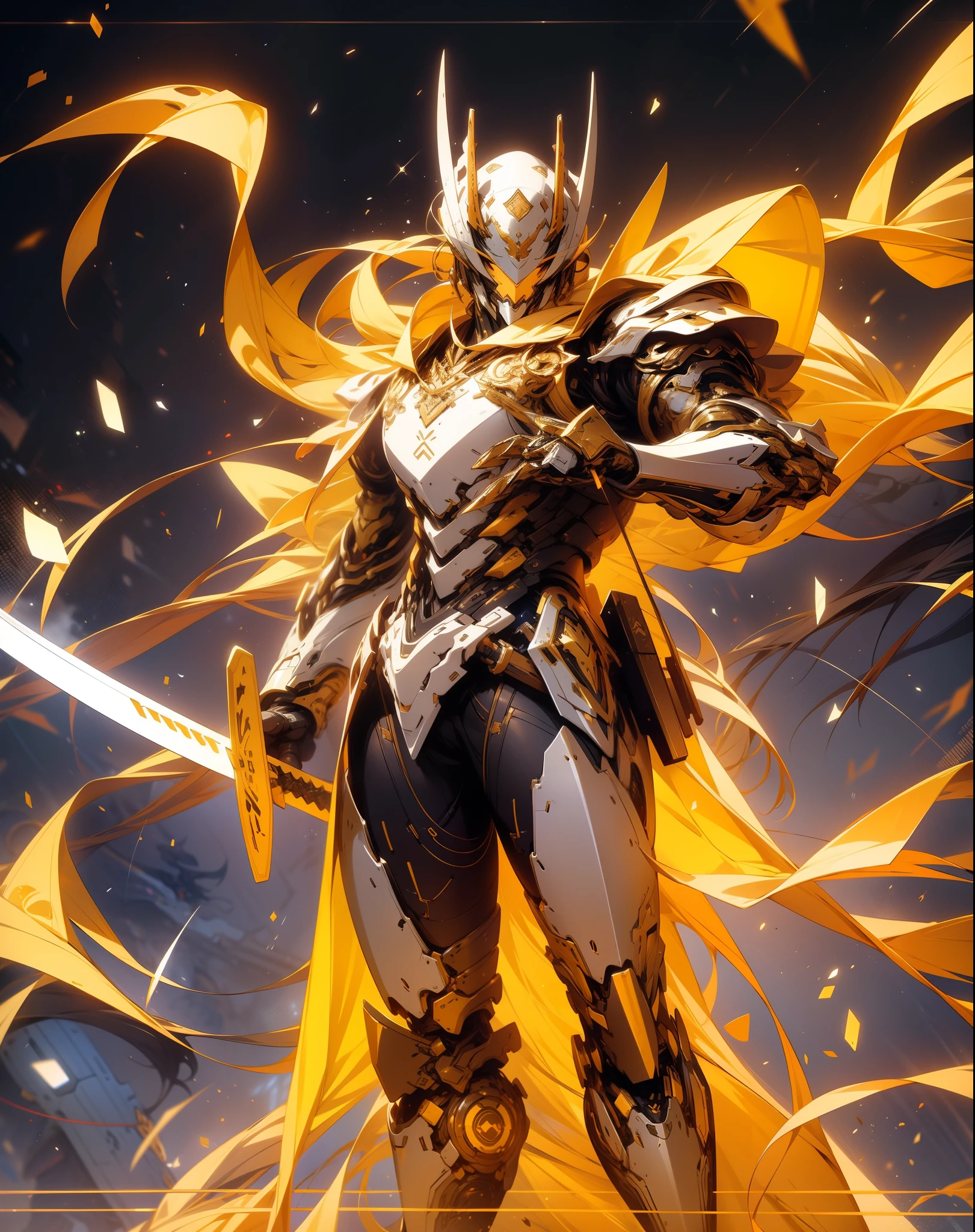 super wide shot, Full body frontal photo,Mecha male warrior, Jade Emperor style,《The mech colors are gold and silver-white》,(《Holding the Xuanyuan sword》,The sword is full of futuristic technology,),(Full body mecha), Keqing from Genshin Impact, (Masterpiece) , The best quality, High quality,Gold armor,电影灯光, (Exquisite future), Beautiful and beautiful, Ultra detailed, great composition, Floating, Depth of field, (Very detailed CG,Unity 8k壁纸), (Beautiful detail background), dramatic lights, GOGETTA, Mecha,best qualtiy,超高分辨率,