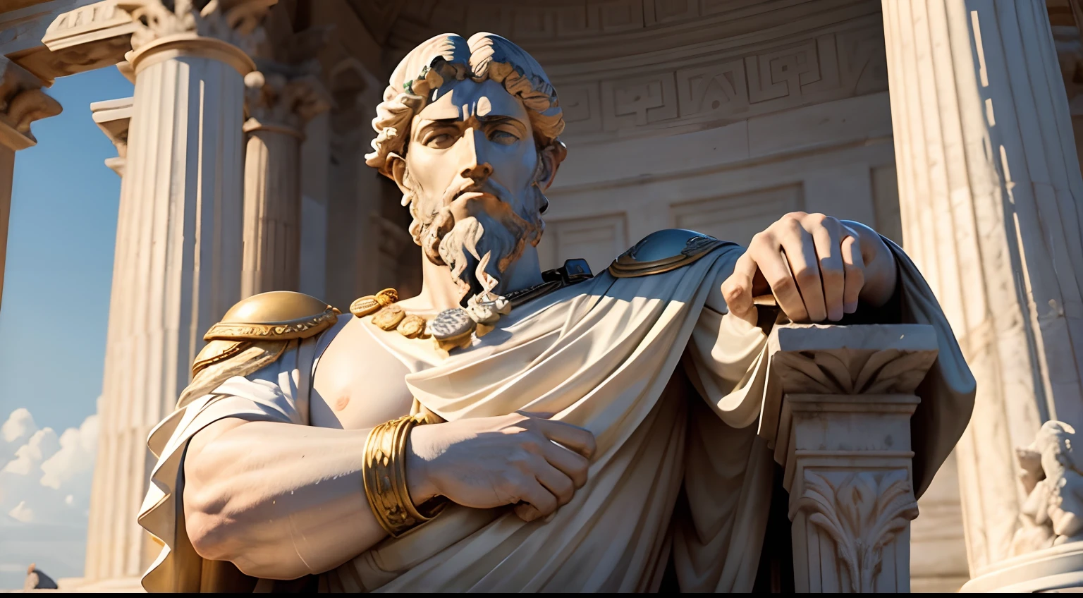 A realistic Greek white marble statue of Marcus Aurelius with gold coins scattered around it. cenario grego