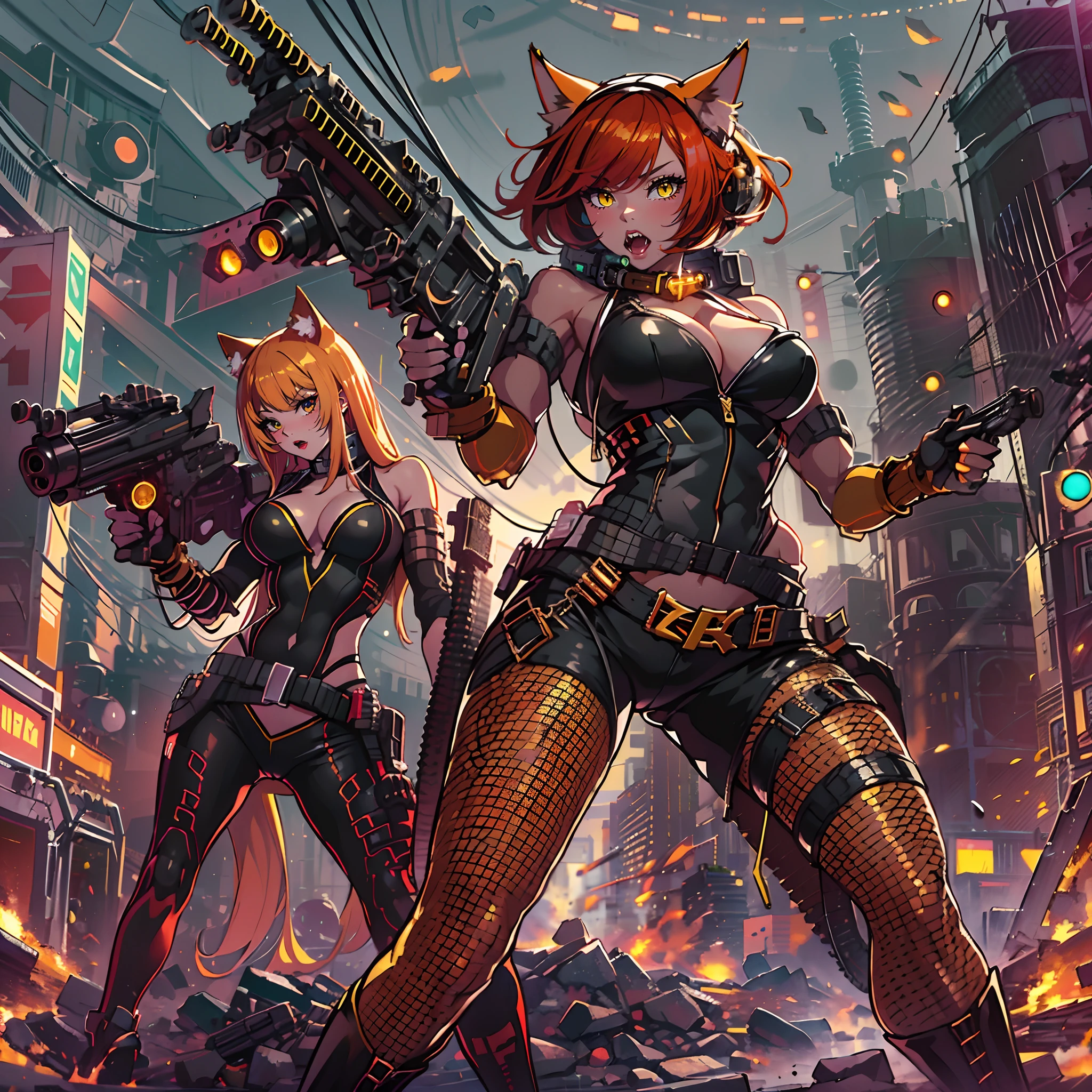 (masterpiece, top quality, best quality, highly detailed:1.2), 2girls, photo of two sexy muscular catgirls shooting demons with futuristic gatling guns that shoot lasers, city streets, yellow sky, rubble, fire, outdoors, standing, black leather pants, black high-heeled combat boots, red sleevless biker jacket, black fingerless gloves, white tank top, cleavage, no bra, angry, screaming, golden cat bell collar, bullet belt, red lipstick, black shoulder-length hair, red long hair, black cat ears, red cat ears, black cat tail, red cat tail, yellow cat eyes, cat claws, (muscles), (brown skin tone), gatling guns, demons, sci-fi, gum