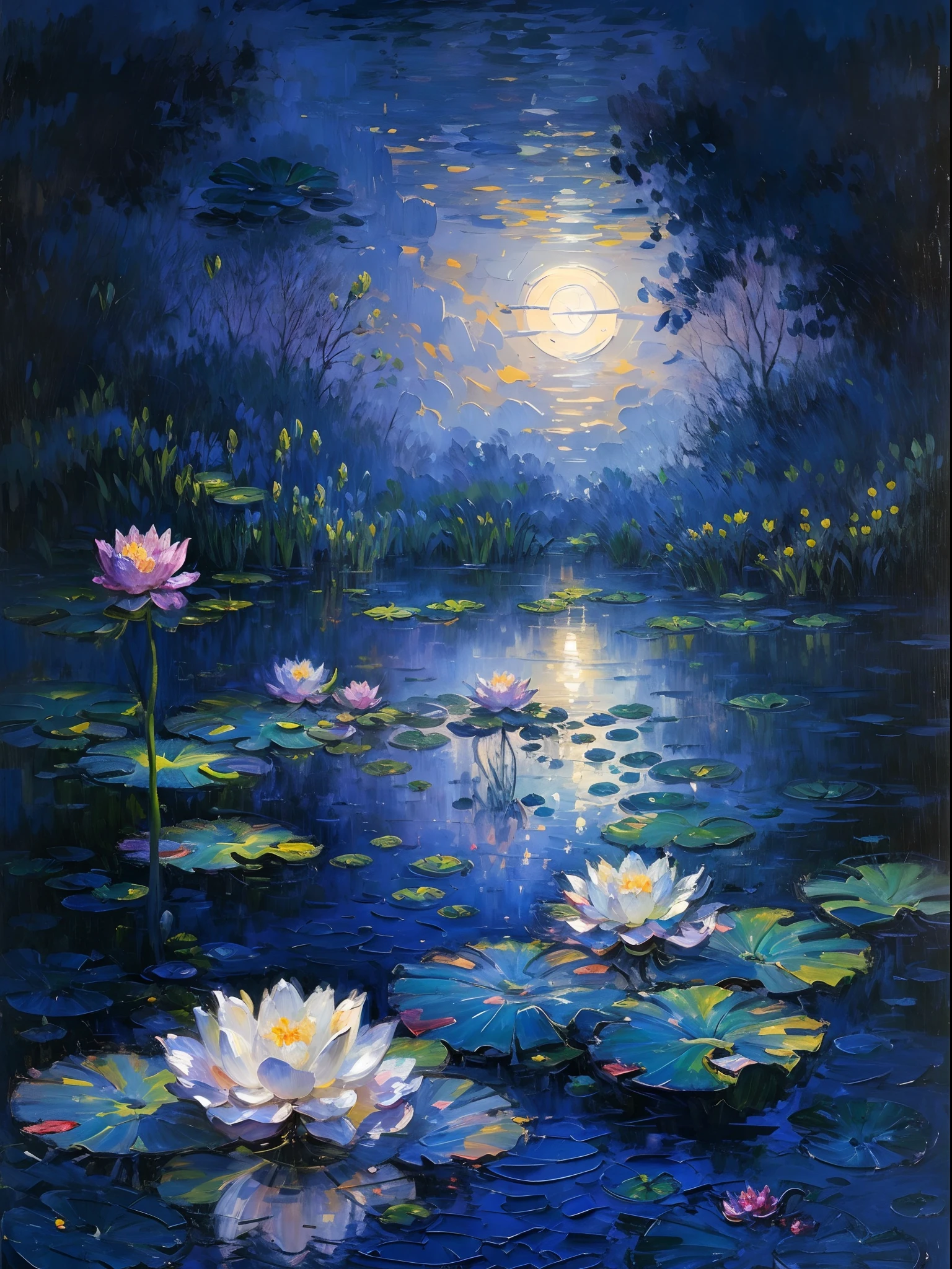 Monet's oil painting，(Best quality,4K,8K,A high resolution,Masterpiece:1.2),Ultra-detailed,Realistic,Beautiful moonlight lotus pond,Peaceful atmosphere,Reflections on the tranquil water,Lush green lotus leaves,Fragrant blooming lotus flowers,Detailed water ripples,Silhouette of a lotus grower,Gentle evening breeze,tranquil ambiance,Soft moonlight illuminated the scene,The subtle play of light and shadow,Harmonious colors of midnight blue and silver,Impressionist painting style,Tranquil natural beauty,Poetic and nostalgic,romantic setting,The beauty of tranquility in the moonlight,Ethereal and dreamy,Delicate petals catch moonlight,Calm and graceful,Lotus flowers bloom.