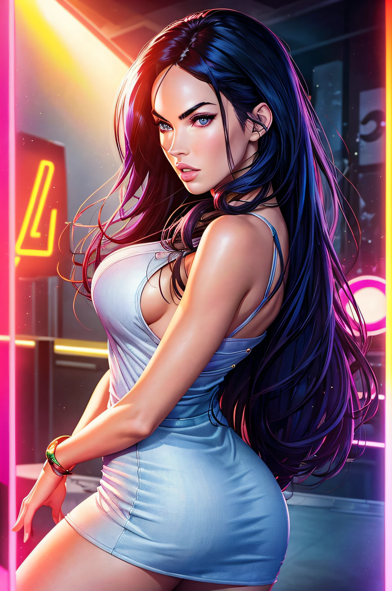 1girl, Megan Fox, ojos brillantes, con vestido corto rojo, in disco with neon signs, high resolusion, ultrasharp, realista, 4k, looking at you