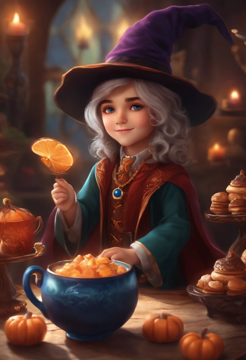 Masterpiece, best quality, chibi, wizard tea party, handsome male witch, beautiful witch, happy, vibrant, colorful