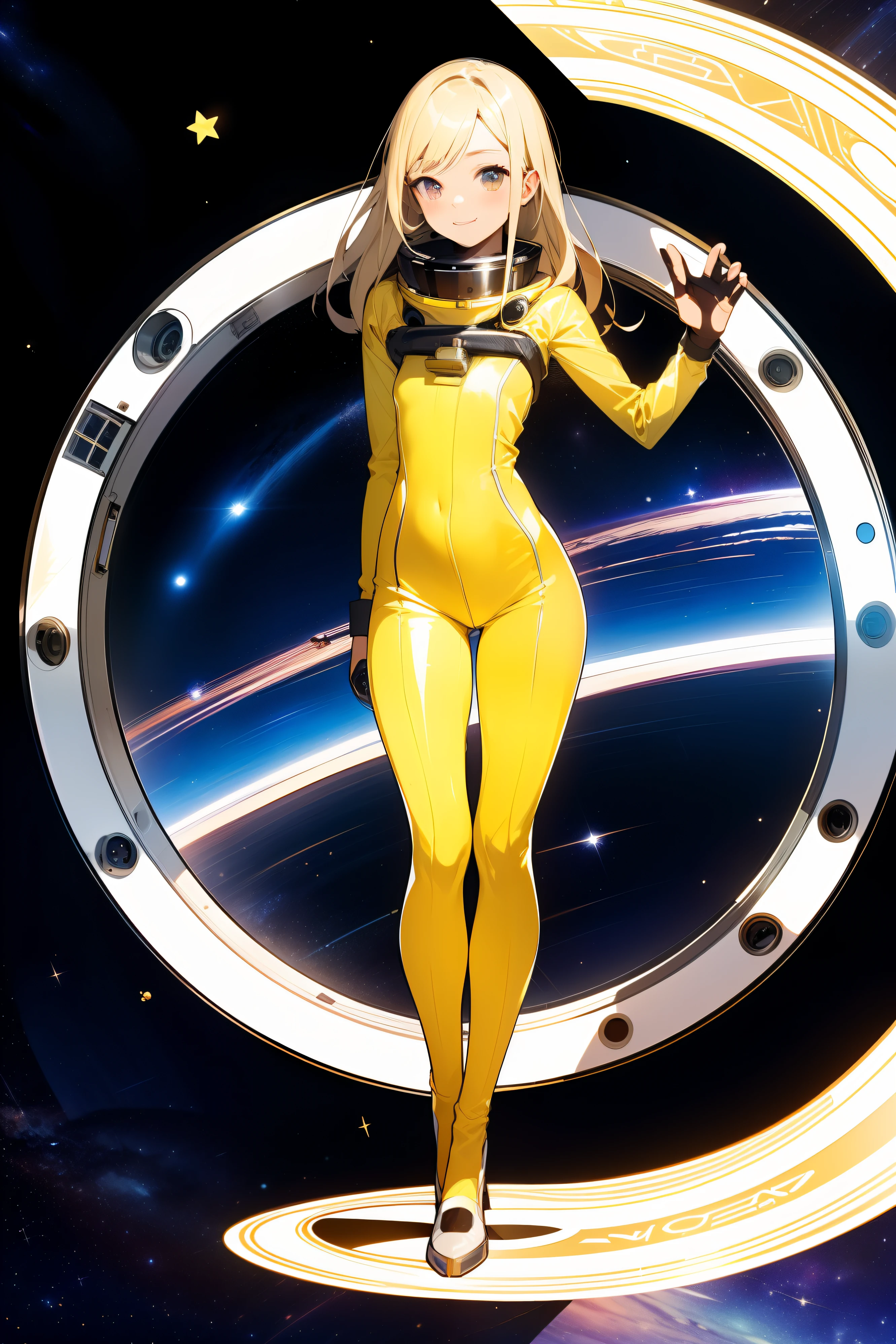 (masterpiece, best quality:1.2), solo, 1girl, mori yuki, slight smile, closed mouth, side view, looking at viewer, blonde hair, long hair, yellow bodysuit, skin-tight, yellow-gold, perfect body, large window, (starship porthole:1.3), legs apart slightly, (standing:1.1), thigh gap, sensual pose, sideview, perfect hands, bright starship interior, (outer space view:1.1), (orbital view:1.3), (night, stary sky:1.5), milky way