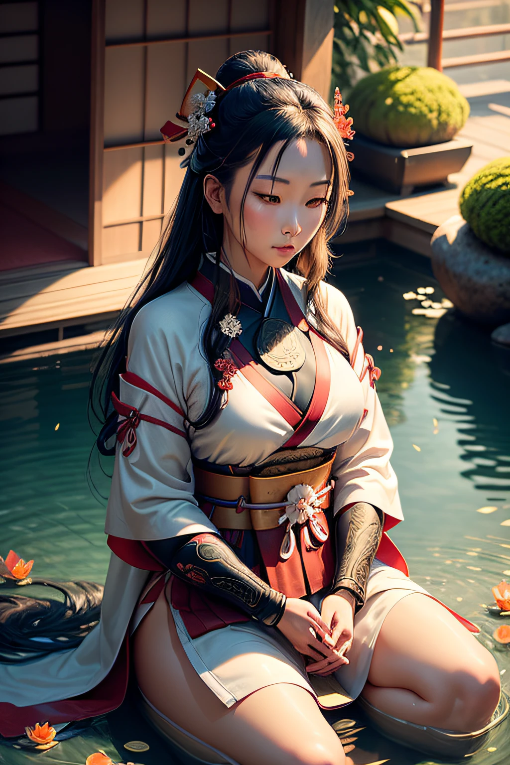 Visualize a digital illustration of a samurai lady in a serene moment of meditation, dressed in refined attire, surrounded by a tranquil Zen garden, with koi swimming in a pond and bonsai trees, embodying the harmony and spirituality of Japanese culture, and create the artwork in high-resolution detail