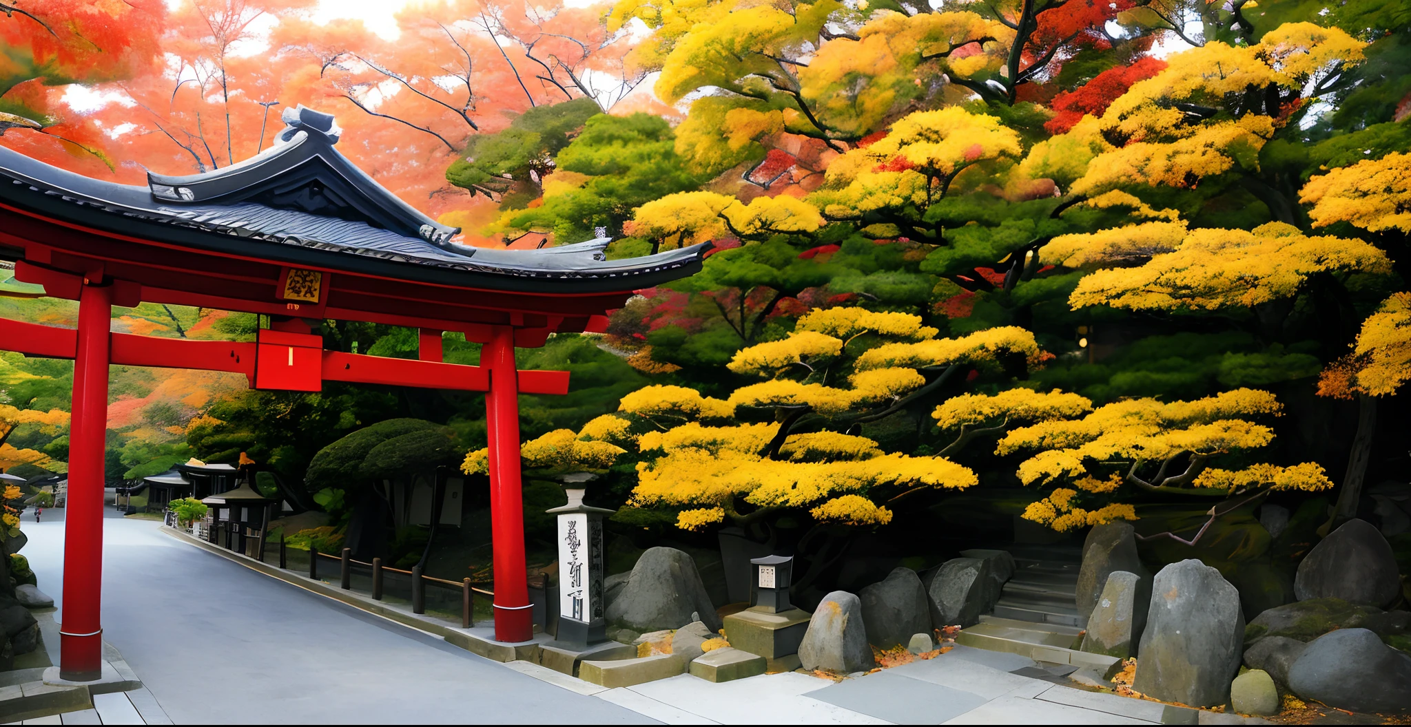 Colors of nature、shrines、Red and yellow leaves scattered around、Traditional Japan architecture、Torii gates and worship halls、The color of the sky is a deep blue like autumn、Transparent atmosphere、A quiet、sacredness、Trees around々and stone lanterns, etc.、