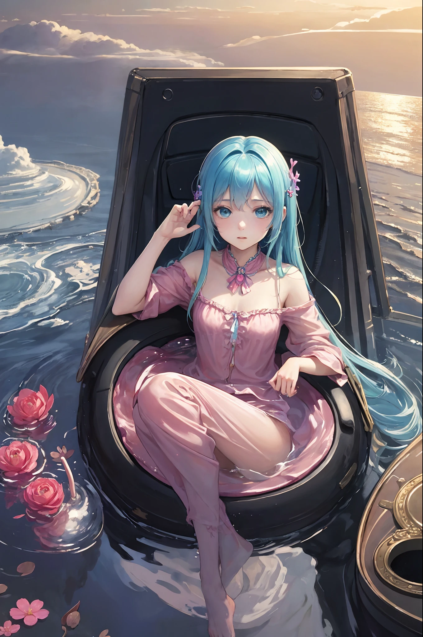 (​masterpiece、top-quality、Official art:1.2)、(colourfull)、miku hatsune、see the beholder、1girl in、portlate、独奏、Colorful water levitation、Lying girl、realisticlying、She wears long pants、Wearing pink pajamas、Cute、A sexy、
