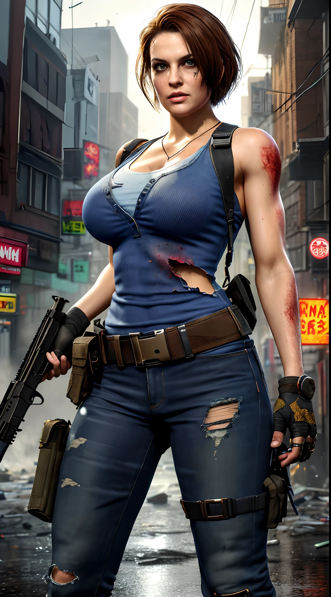 jillre3,jr3 outfit,jr3 equipment,fighting stance,character,video game,short hair,(((damaged clothes))), gigantic breasts,slim waist,wide hips,high waist,serious expression,hard nipple,breasts about to burst of her clothing,dead rising,Resident Evil background,a horde of zombie,zombie apocalypse background,rain,wet clothes,Holding a rifle in both hands, best quality, masterpiece, intricate details, tonemapping, sharp focus, hyper detailed, trending on Artstation, realistic,(looking at viewer:1.4)