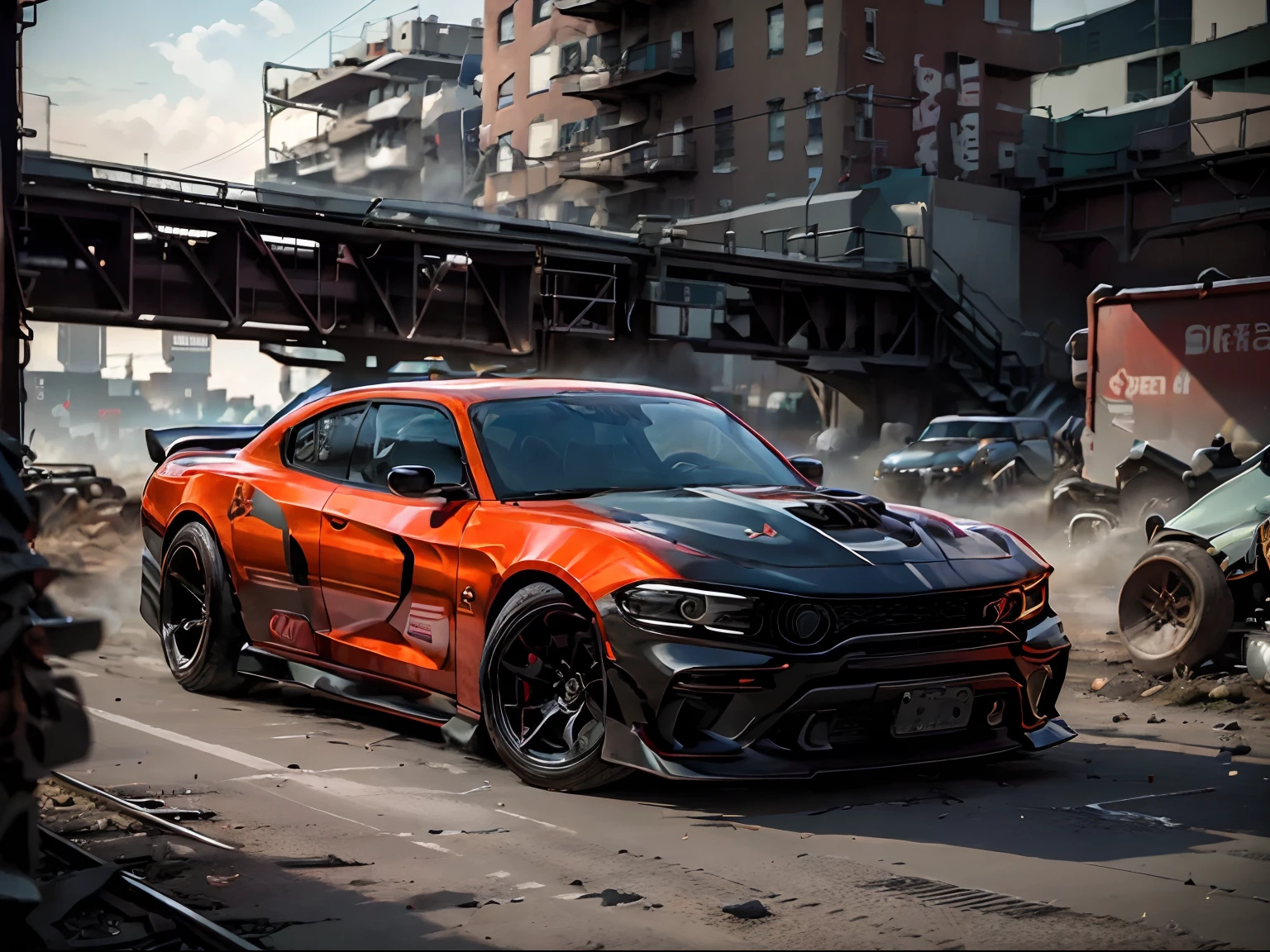 2019 Dodge Charger, red car, two hidden machine guns in front bumper, racing in New York subway rail tracks, gritty lighting, action photo, solo, cowboy shot, zeekars