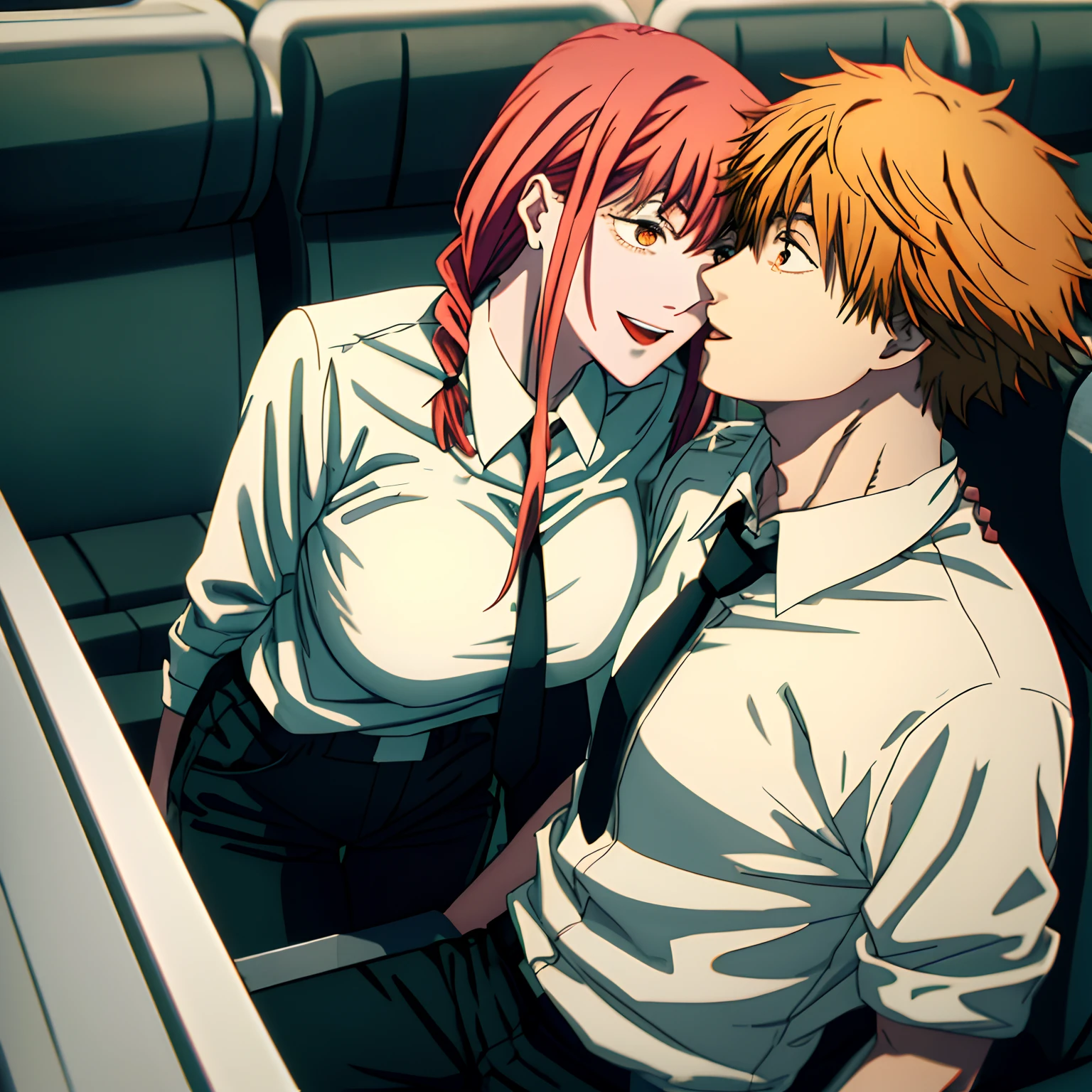 open mouth,(kiss),best quality, insanely detailed,1girl,1boy, sitting,in-flight and and (1boy:1.4) BLOND HAIR, denji \(chainsaw man\),and 1gir,makima \(chainsaw man\), best quality, ultra detailed, 1girl, , standing, red hair, long braided hair, golden eyes, bangs,, large boobs, stare, smile, (evil:1.2),, makima \(chainsaw man\),shirt, sidelocks, solo, uniform, white shirt, black necktie, black pants
