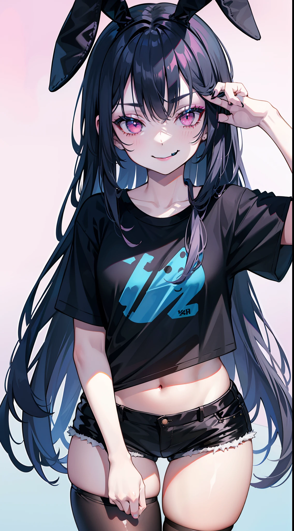 young girl, long dark blue hair, bunny ears, pink eyes, black lipstick, black eye shadow, smirk, tshirt, Short shorts, Masterpiece, hiquality, 4k, HD, Good detail