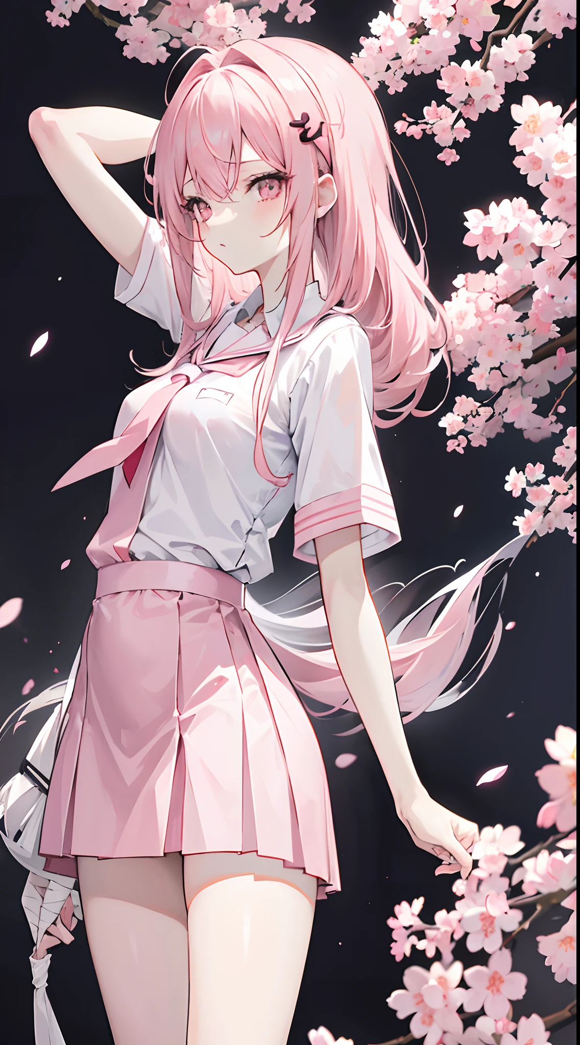 Two-dimensional anime wallpaper,Long pale pink hair,,Cherry blossom hair accessories,girl,White short-sleeved tie-style school uniform,The arm is wrapped in a bandage,Light gray miniskirt,Black panty,Bandages wrapped around his head,Medium build,The hair is somewhat messy,With a dull expression