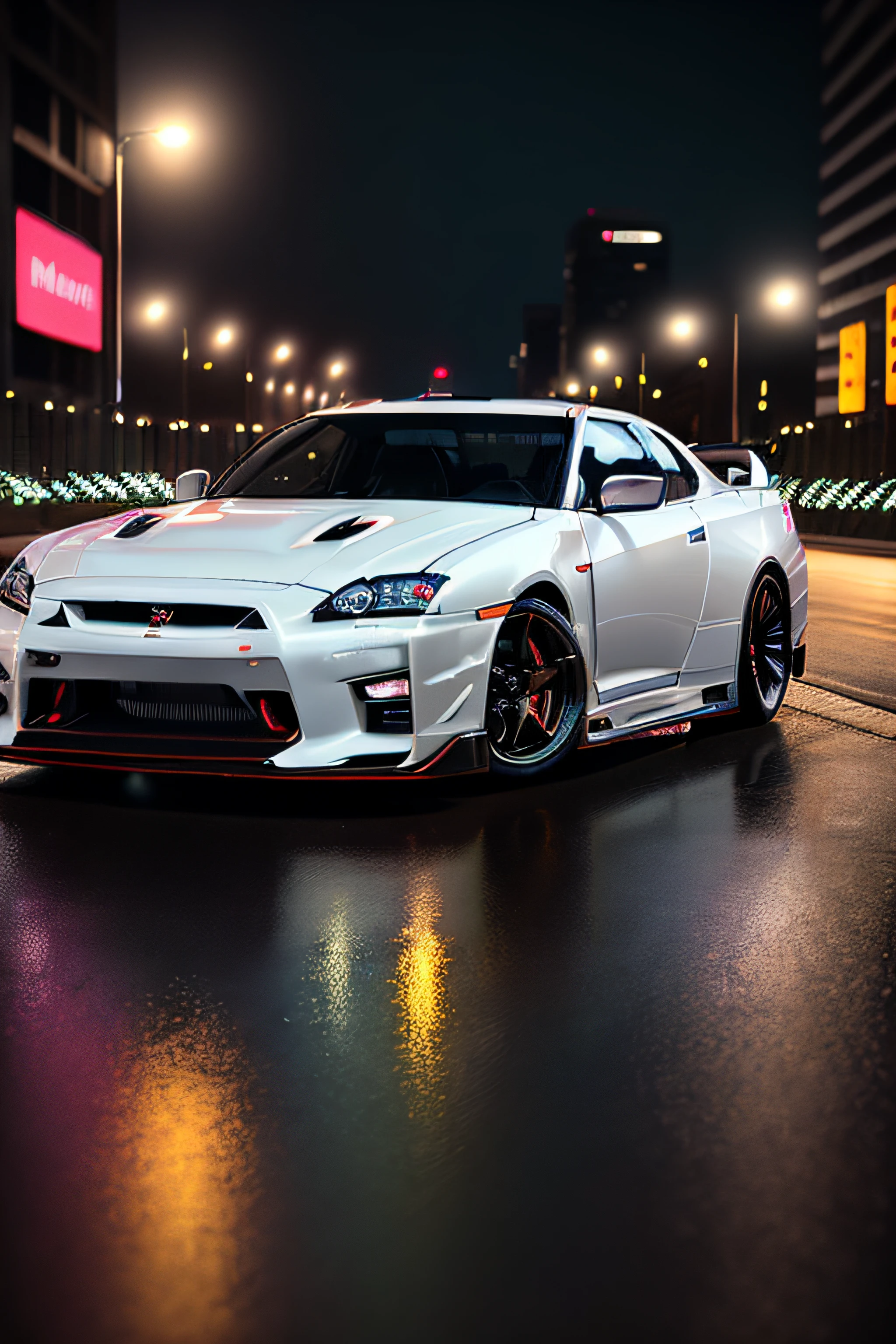 Dark white Nissan Skyline GTR in a neon city at night, Grabado con una Sony Mirrorless, 35mm, Cinematographer, Kinematic, hiperrealista, Tendencias en parpadeo