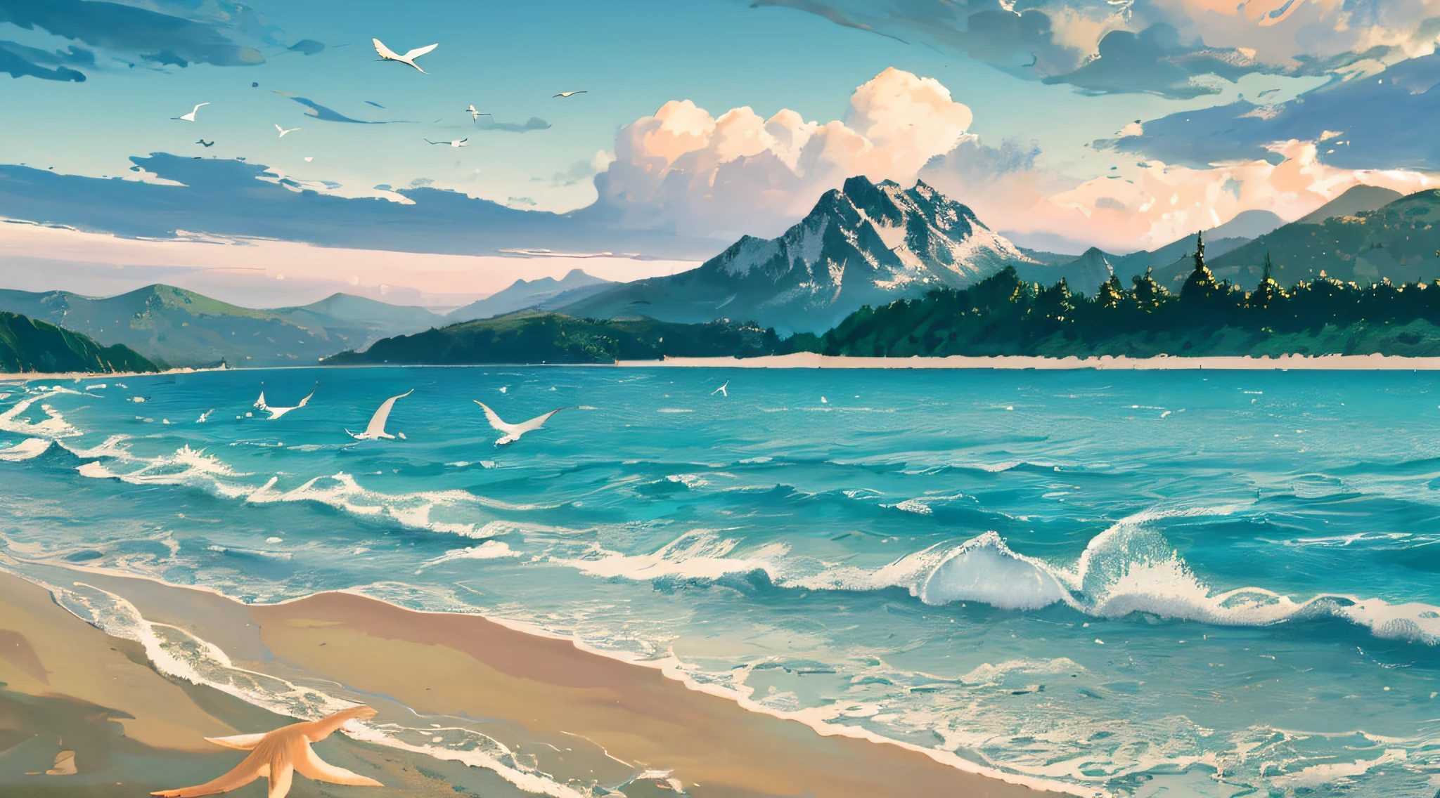 (best quality,4k,8k,highres,masterpiece:1.2),ultra-detailed),blue-sky,baiyun,Birds in the distance,the sea,Expansive picture,Faraway view,landscape,ocean waves,peaceful,tranquil,fresh air,serene atmosphere,soft sunlight,subtle breeze,sandy beach,seagulls flying,scenic beauty,endless horizon,vibrant colors,sky reflection on the sea surface,lush greenery,trees swaying,mountains in the background,splendid beauty of nature,harmony between land and sea,relaxing environment, full Background, no annoying character, get rid of the character, delete the character, kill the character, Background only, scenery only, extreme detail, close up, beach shores, not too far from camera, close to camera, close to camera beach shores, super close up, extremely super close up beach shores to camera, anime style