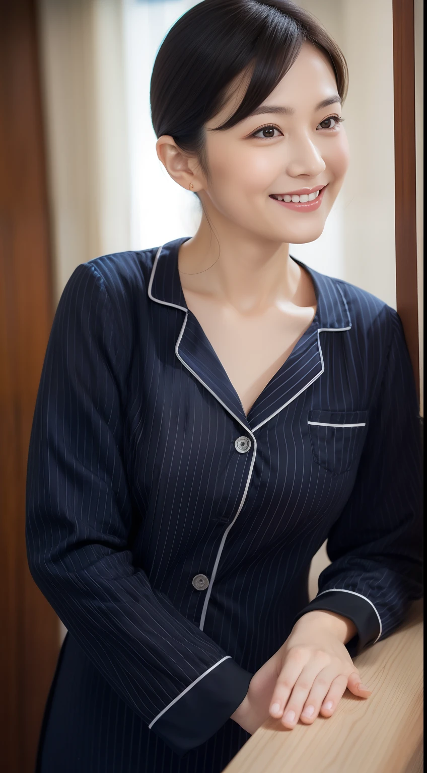 Masterpiece,Best quality, (maam. clerk:1), ((Portrait:1.3)), Cross arms， Smile，Deep V-neck pajamas temptation，Long legs，skin hyper-detail，Clear pores，Long-range shots，Cocked buttocks，black lence stockings，Beautiful young Japanese woman over 40 years old,  Perfect face, Fantastic look,  (Detailed facial features),  Clean and nice face